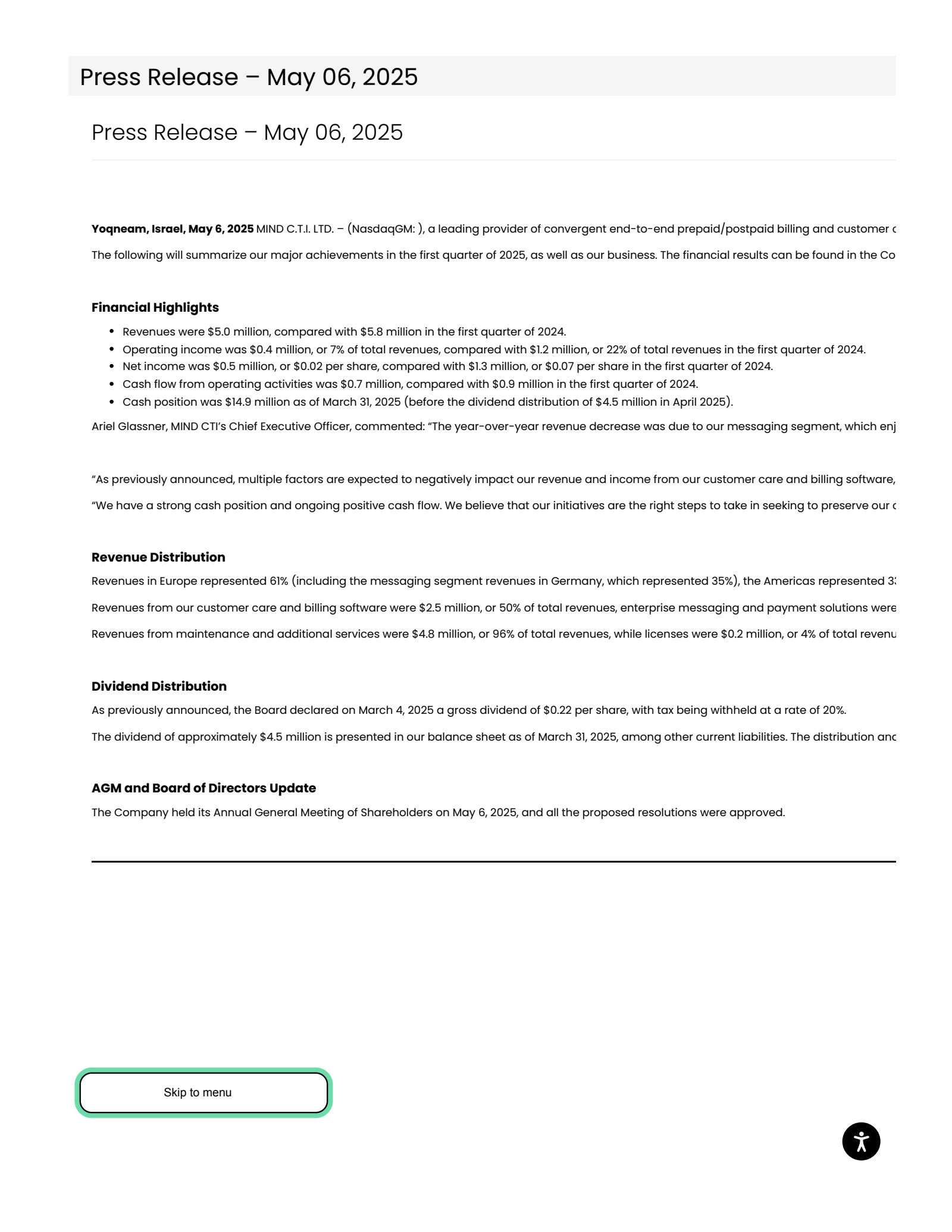 MIND C.T.I.'s Q1 2025 Press Release