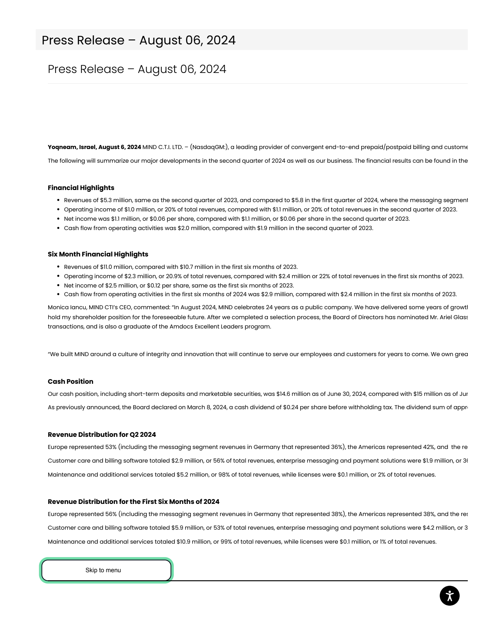 MIND C.T.I.'s Q2 2024 Press Release
