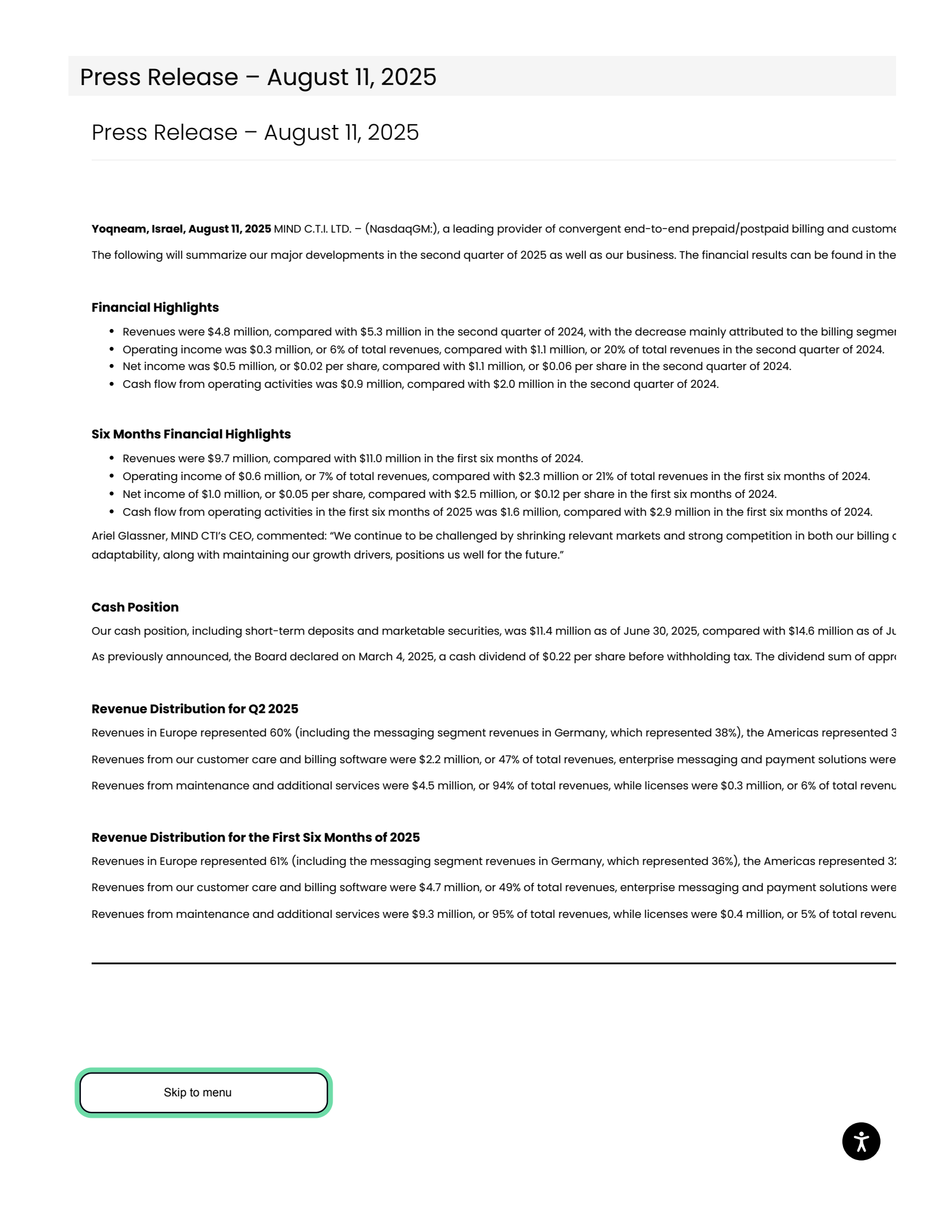 MIND C.T.I.'s Q2 2025 Press Release