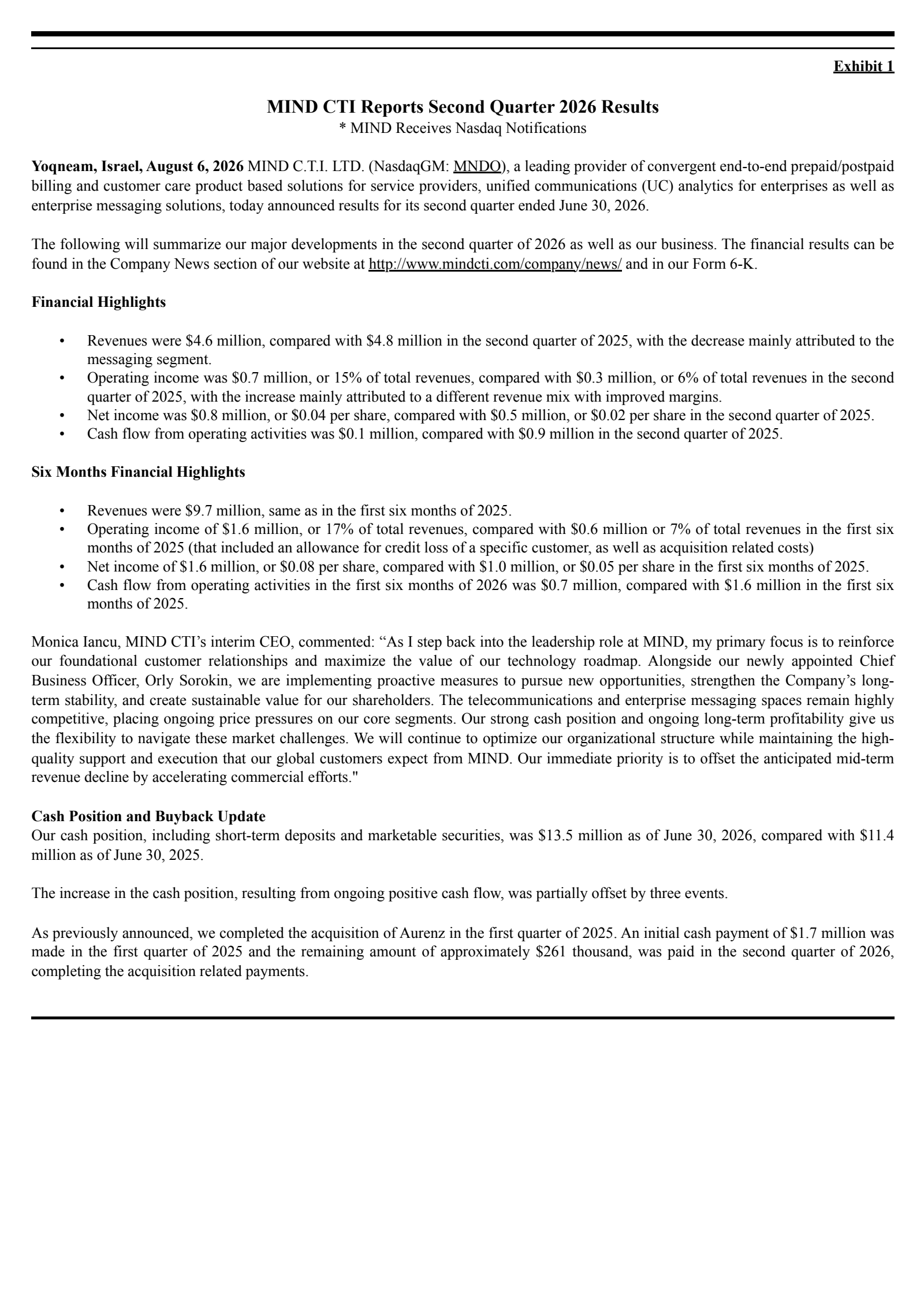 MIND C.T.I.'s Q2 2026 Press Release