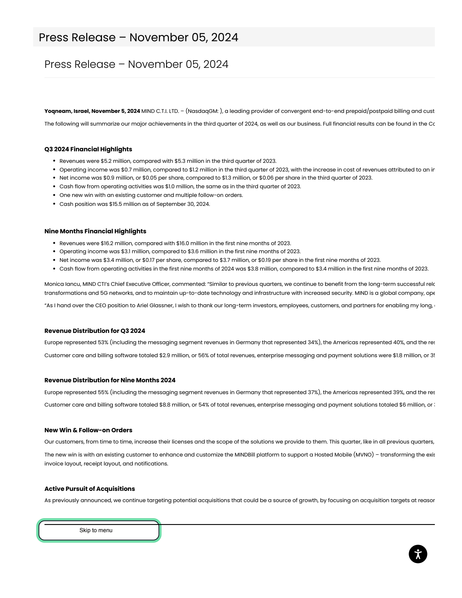 MIND C.T.I.'s Q3 2024 Press Release