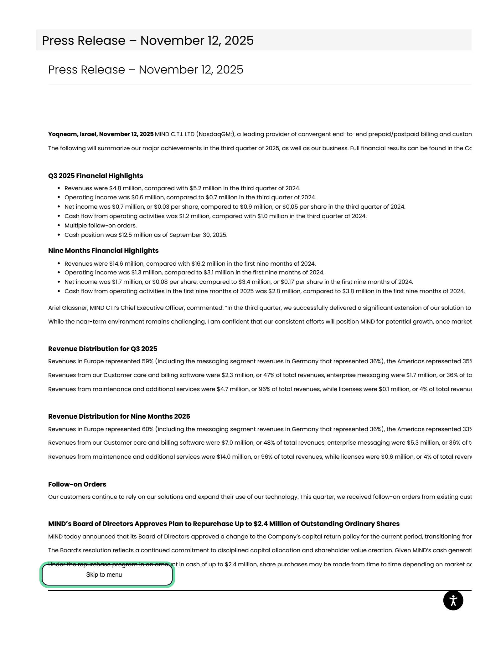 MIND C.T.I.'s Q3 2025 Press Release