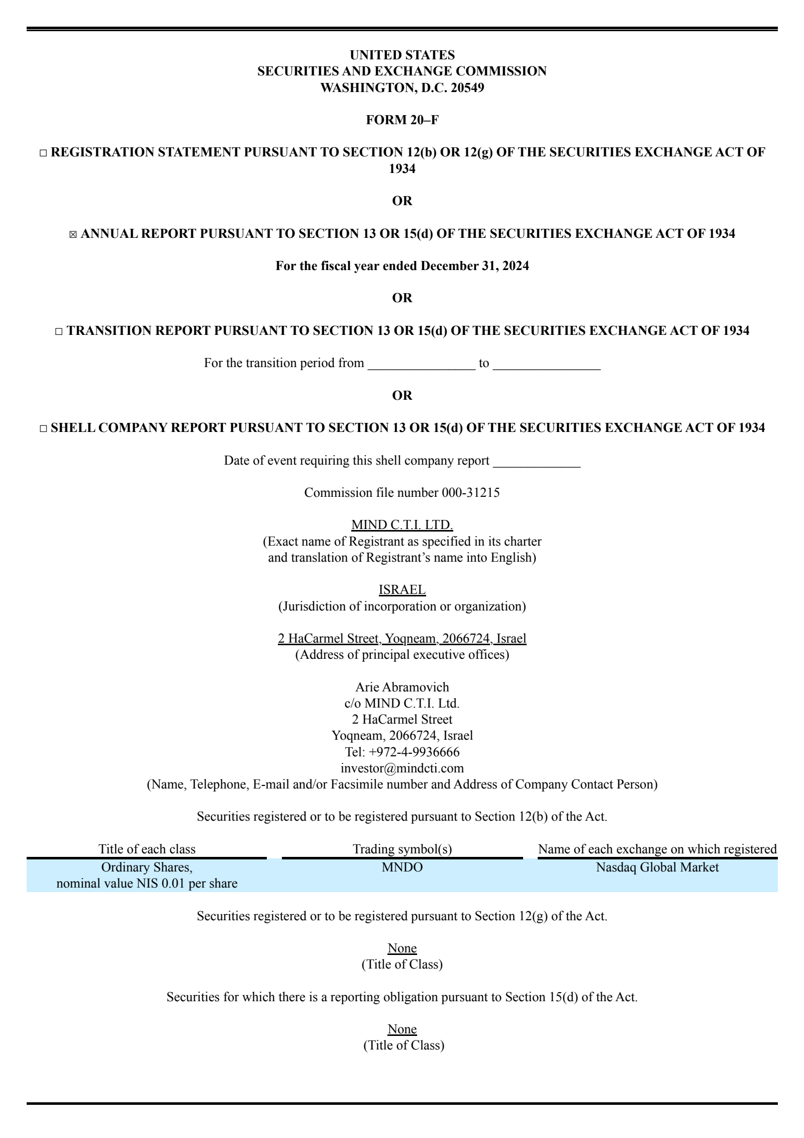 MIND C.T.I.'s Q4 2024 Annual report