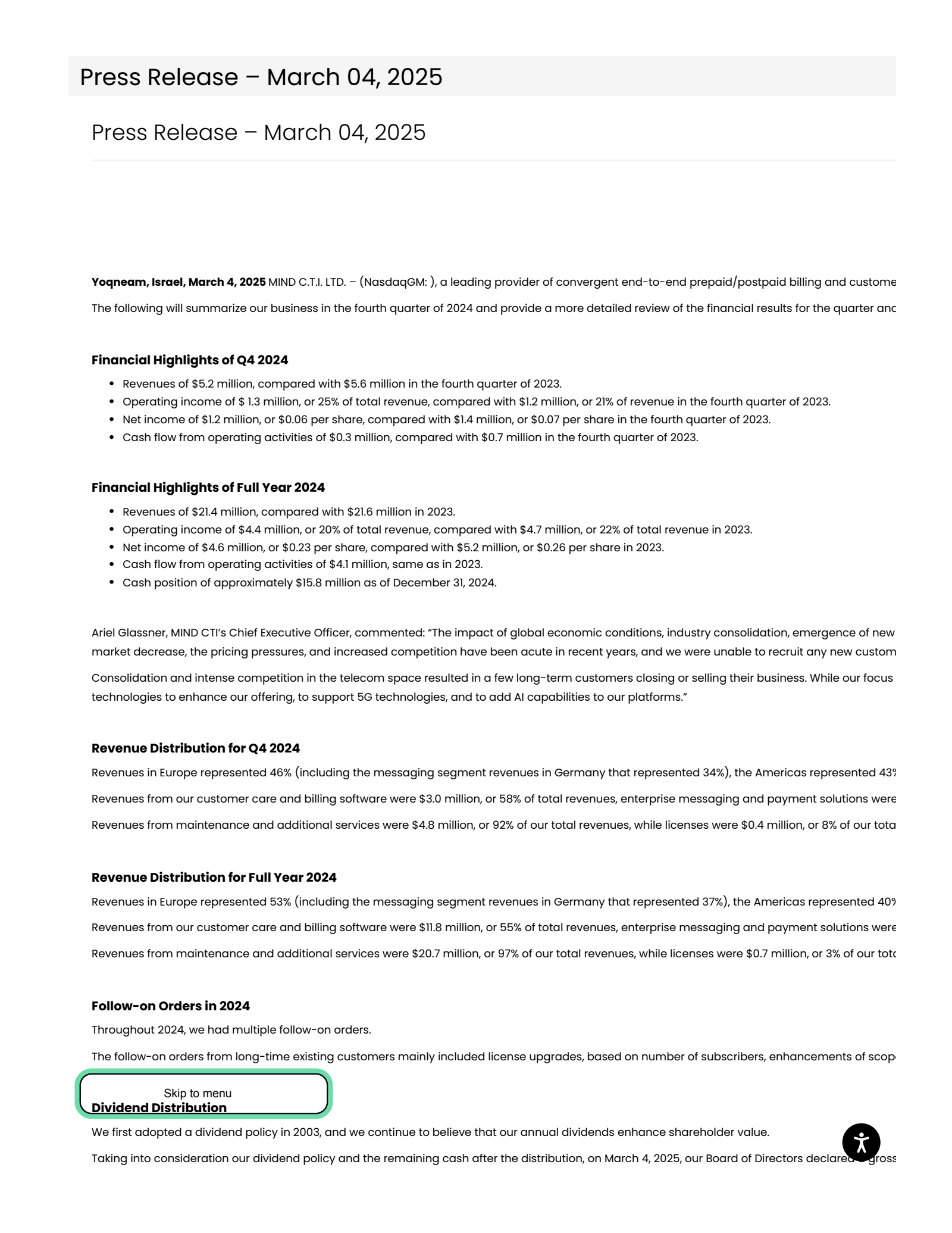 MIND C.T.I.'s Q4 2024 Press Release