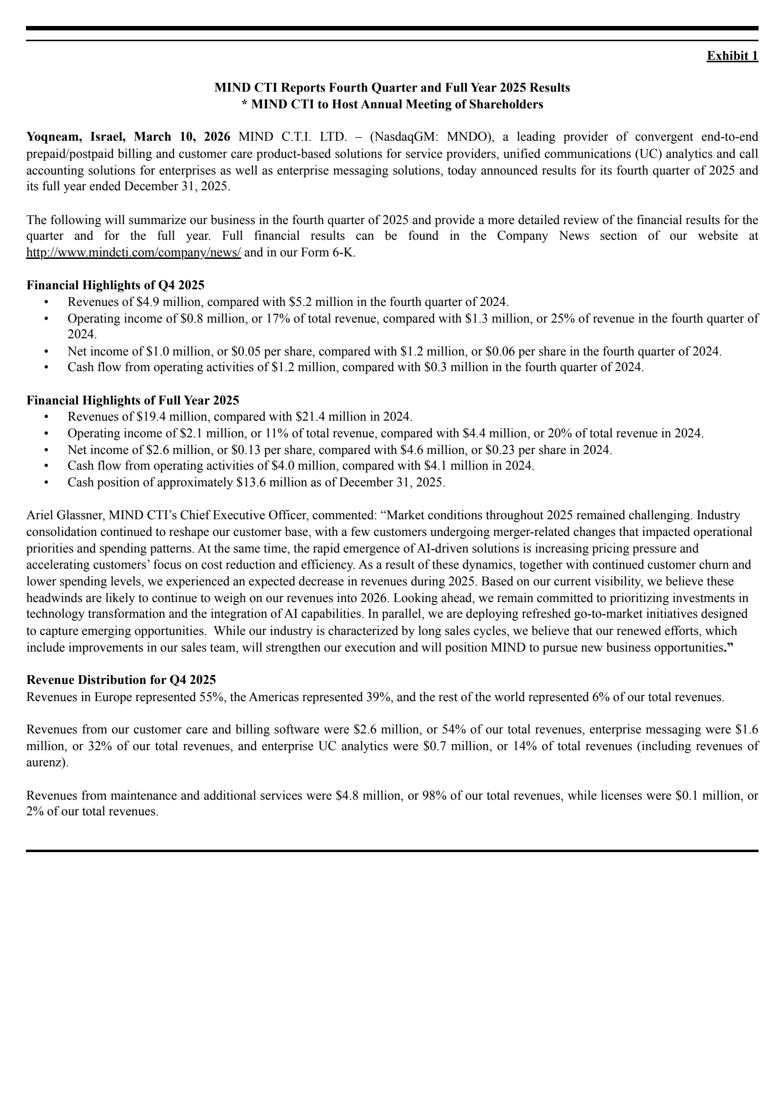 MIND C.T.I.'s Q4 2025 Press Release