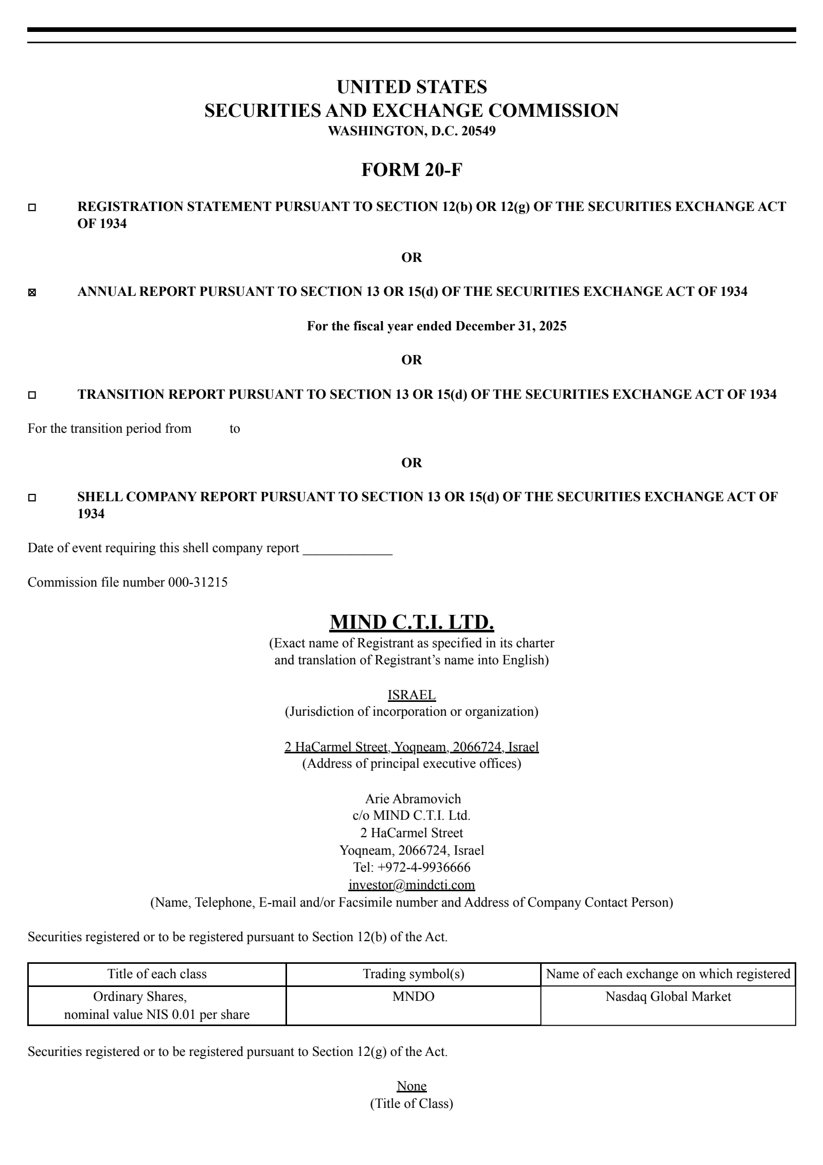 MIND C.T.I.'s Q4 2025 Annual report