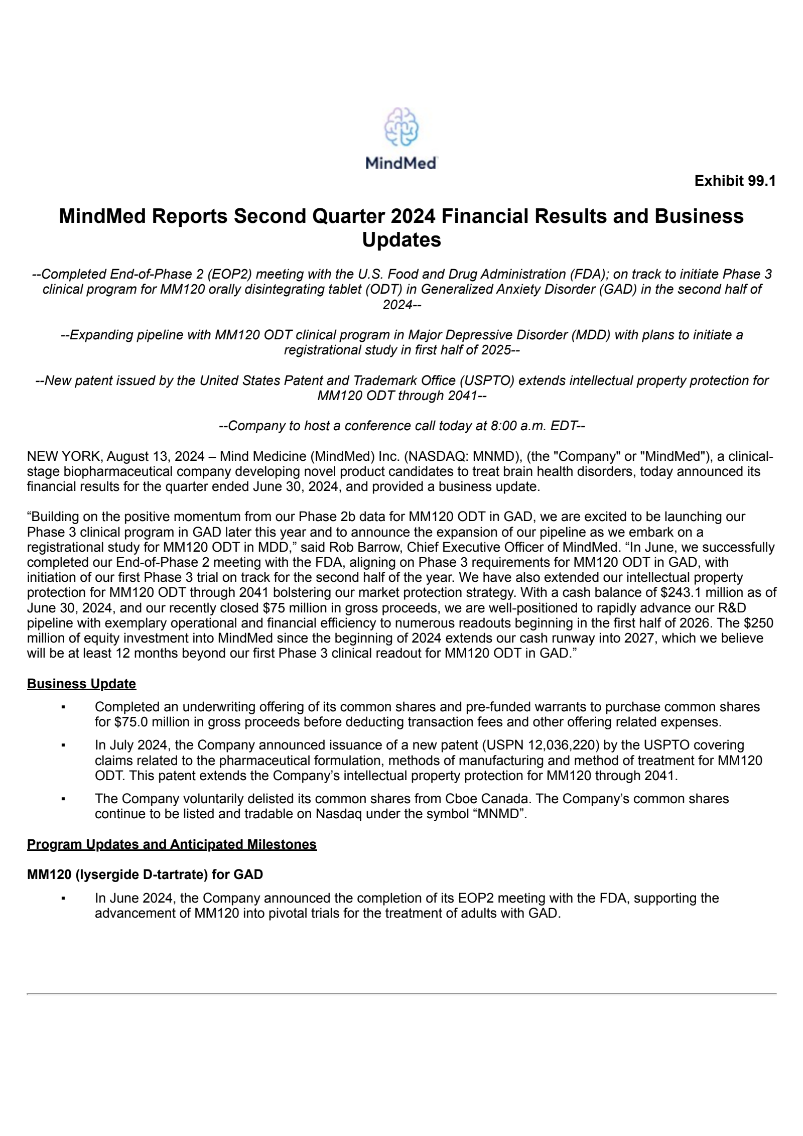 Mind Medicine (MindMed)'s Q2 2024 Press Release