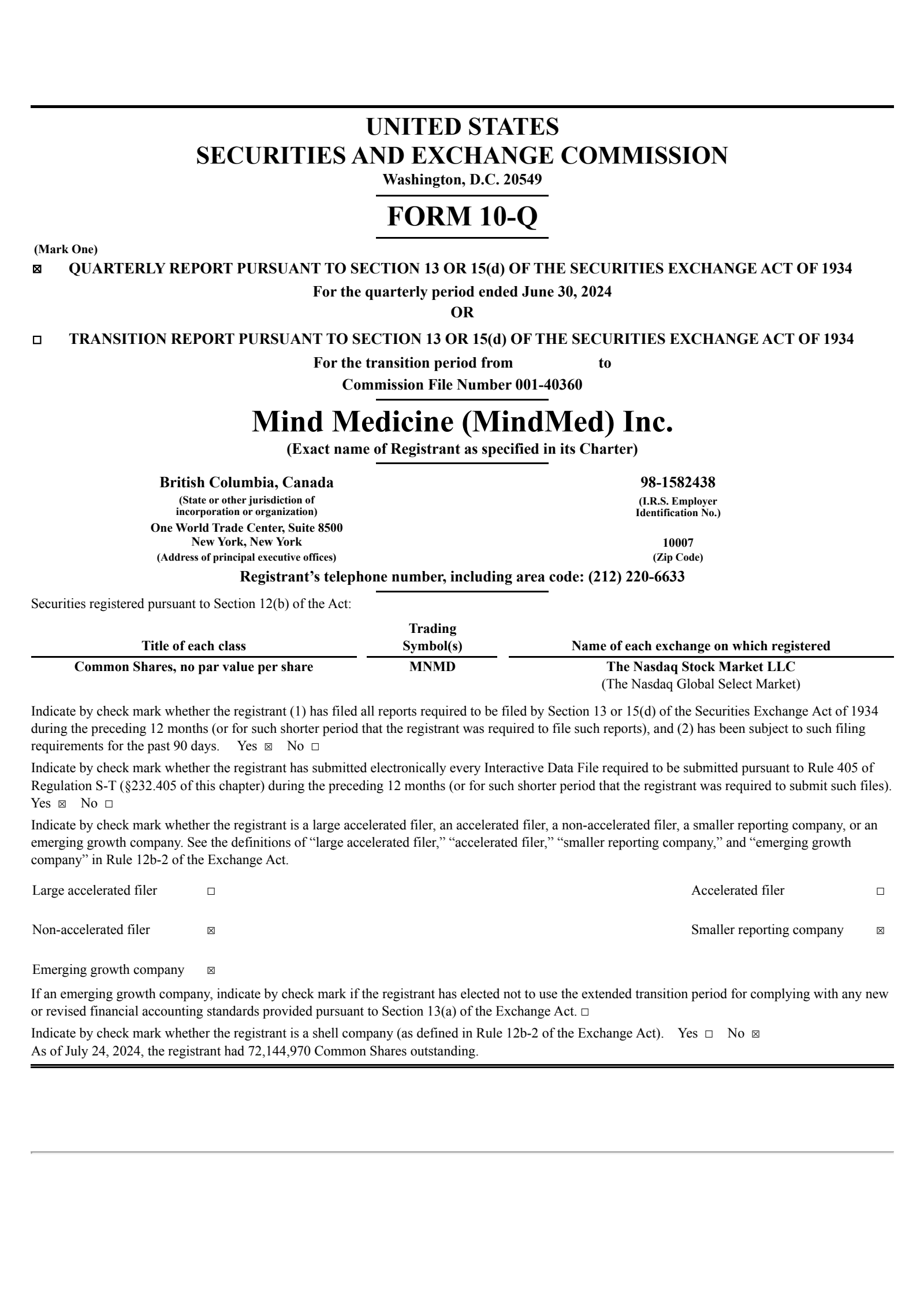 Mind Medicine (MindMed)'s Q2 2024 Quarterly report