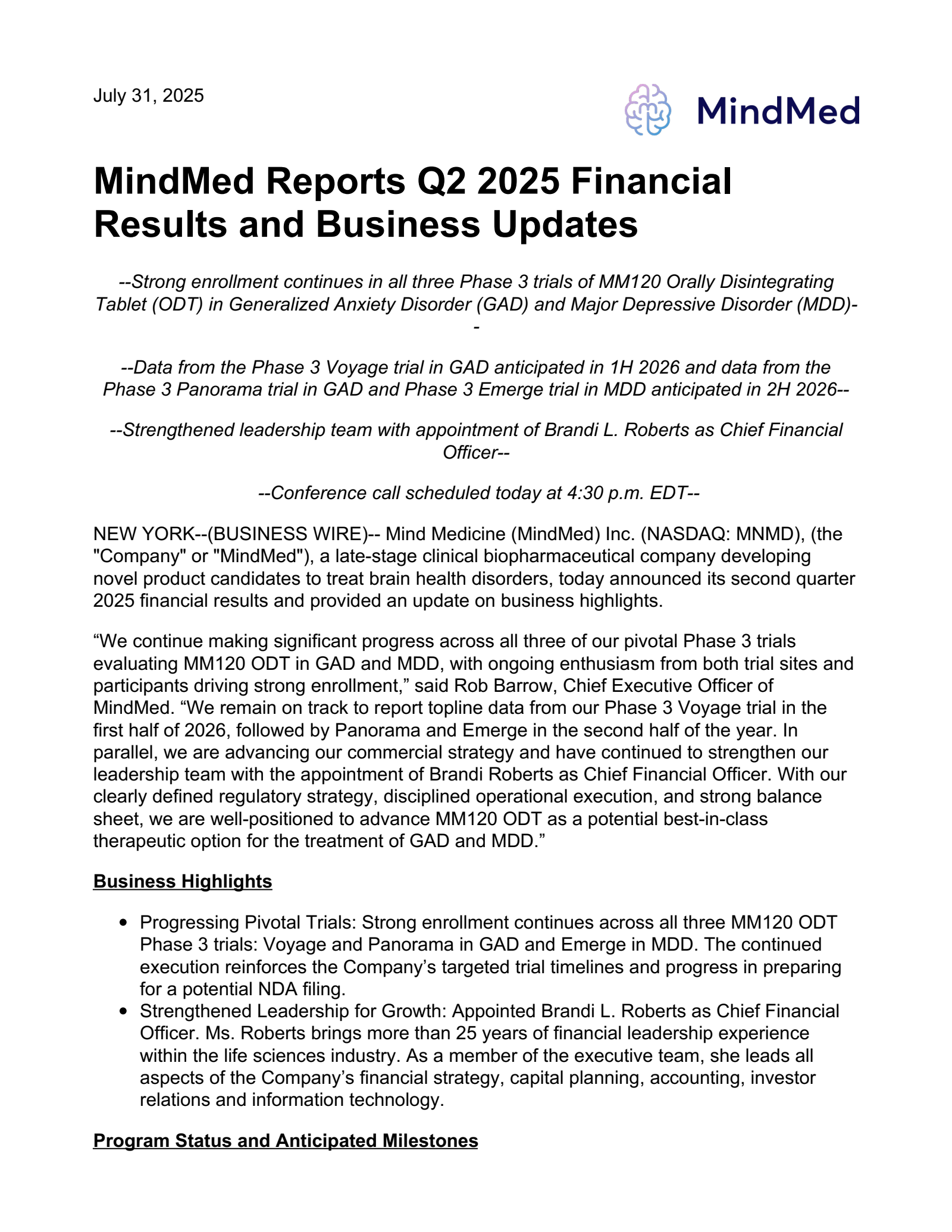 Mind Medicine (MindMed)'s Q2 2025 Press Release