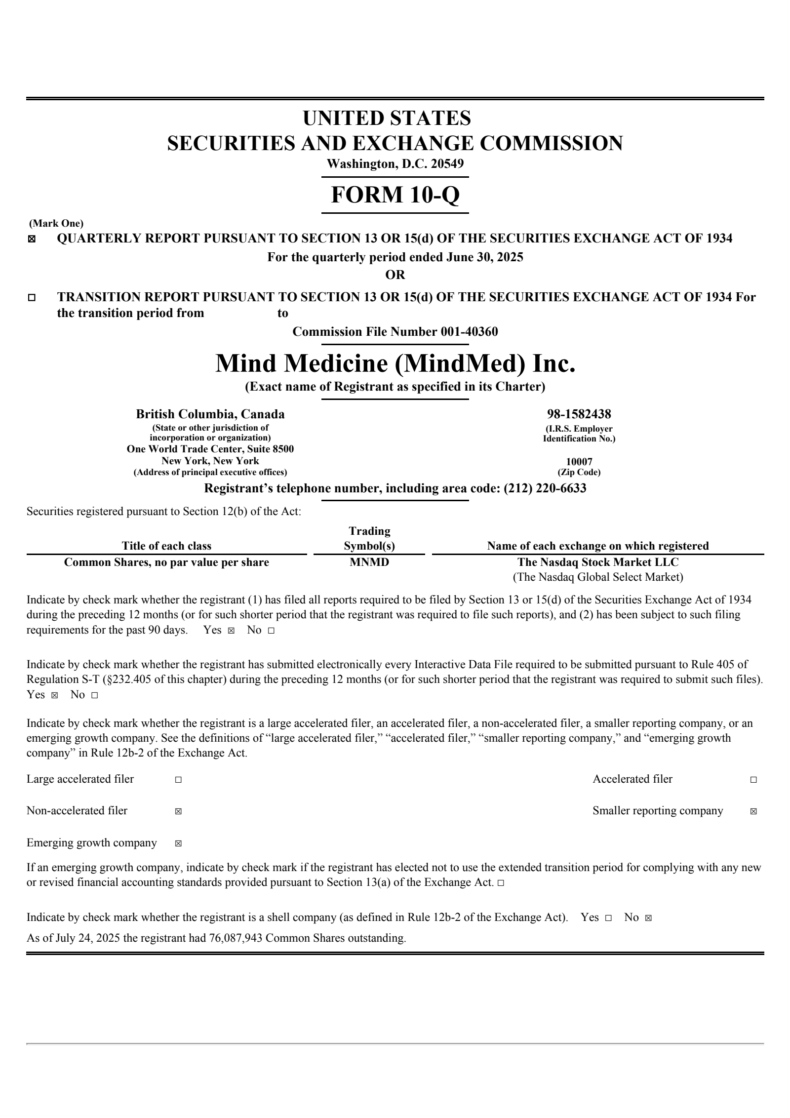 Mind Medicine (MindMed)'s Q2 2025 Quarterly report