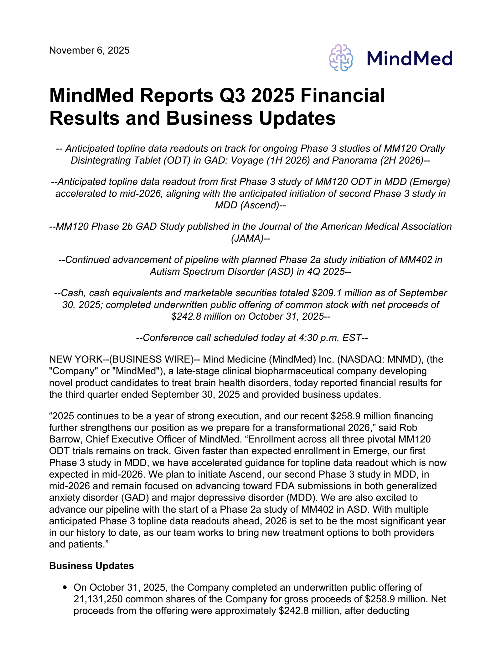 Definium Therapeutics' Q3 2025 Earnings Release