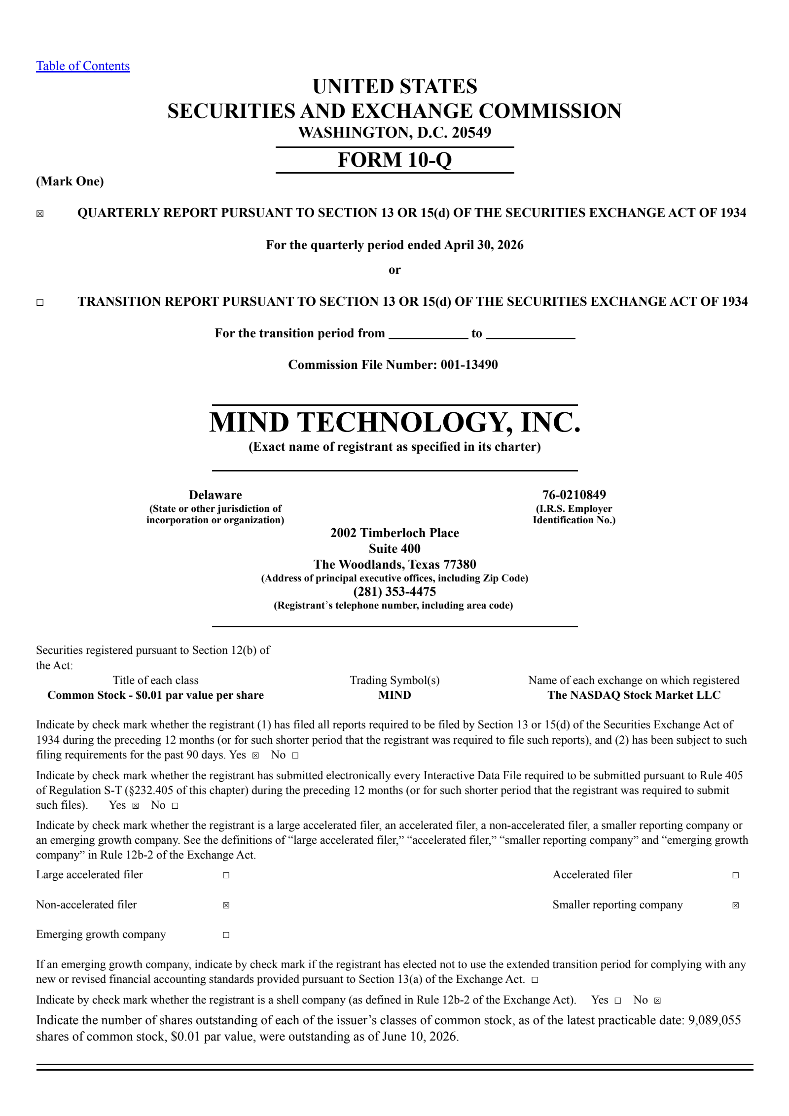 MIND Technology's Q1 2027 Quarterly report