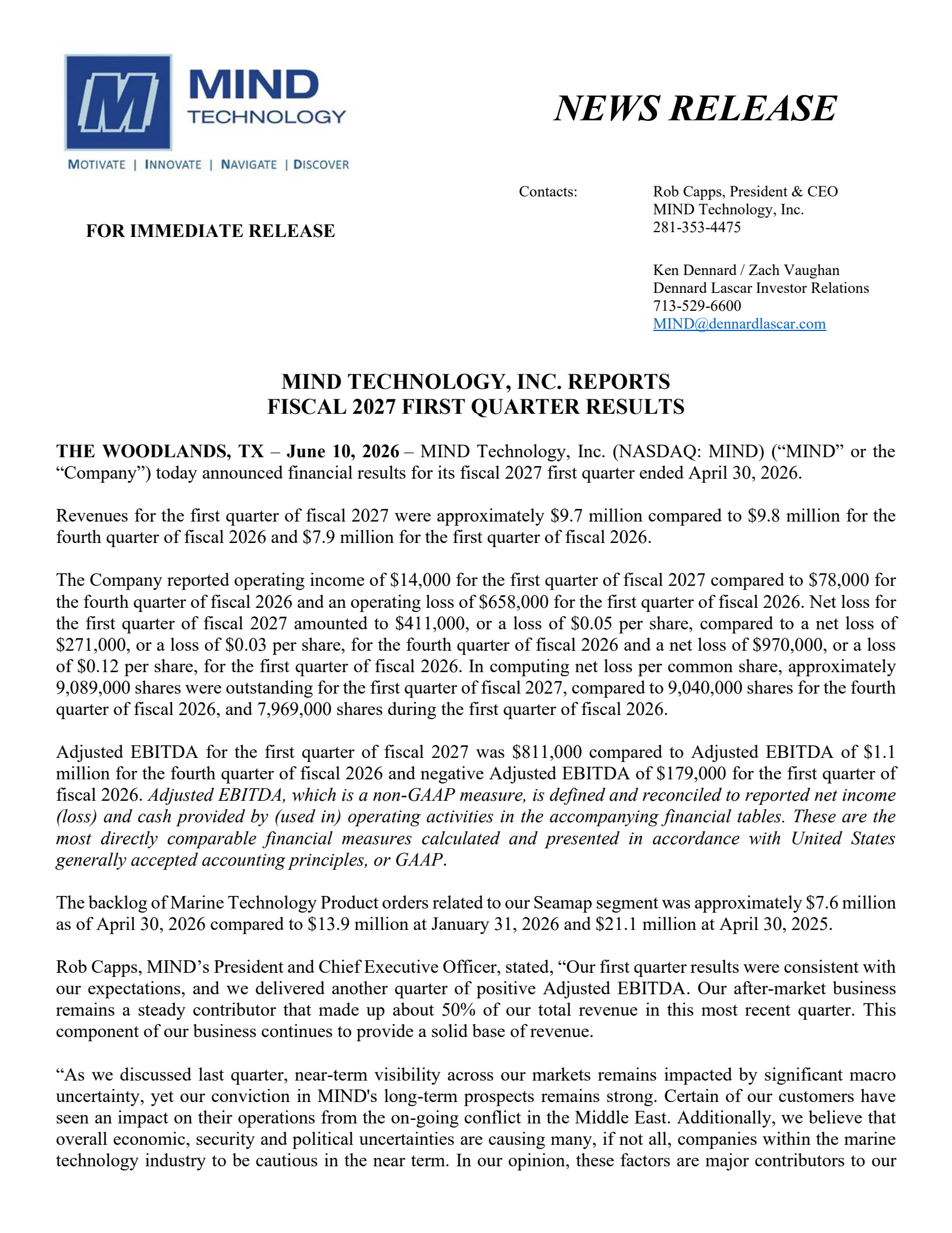 MIND Technology's Q1 2027 Press Release