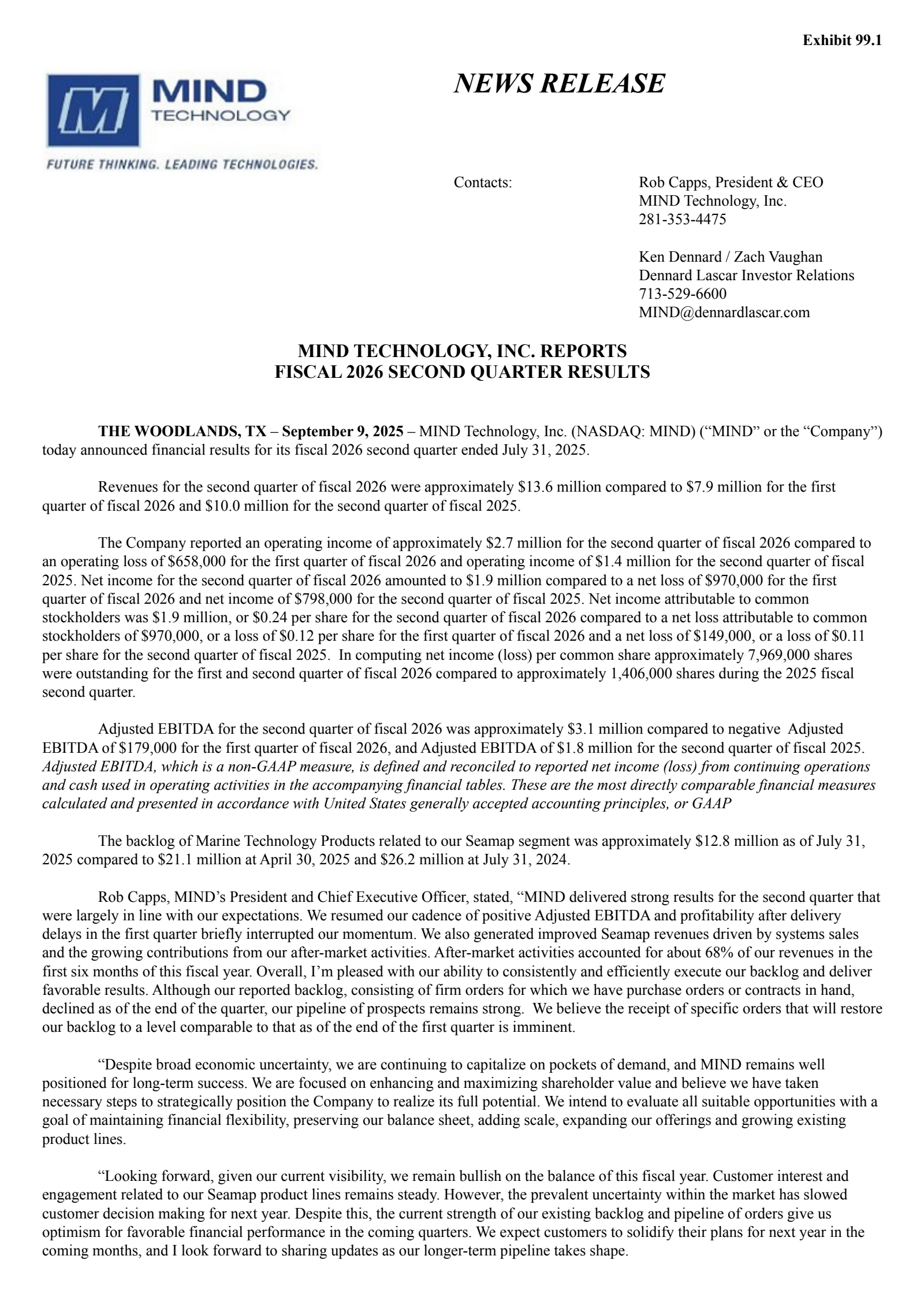 MIND Technology's Q2 2026 Earnings Release
