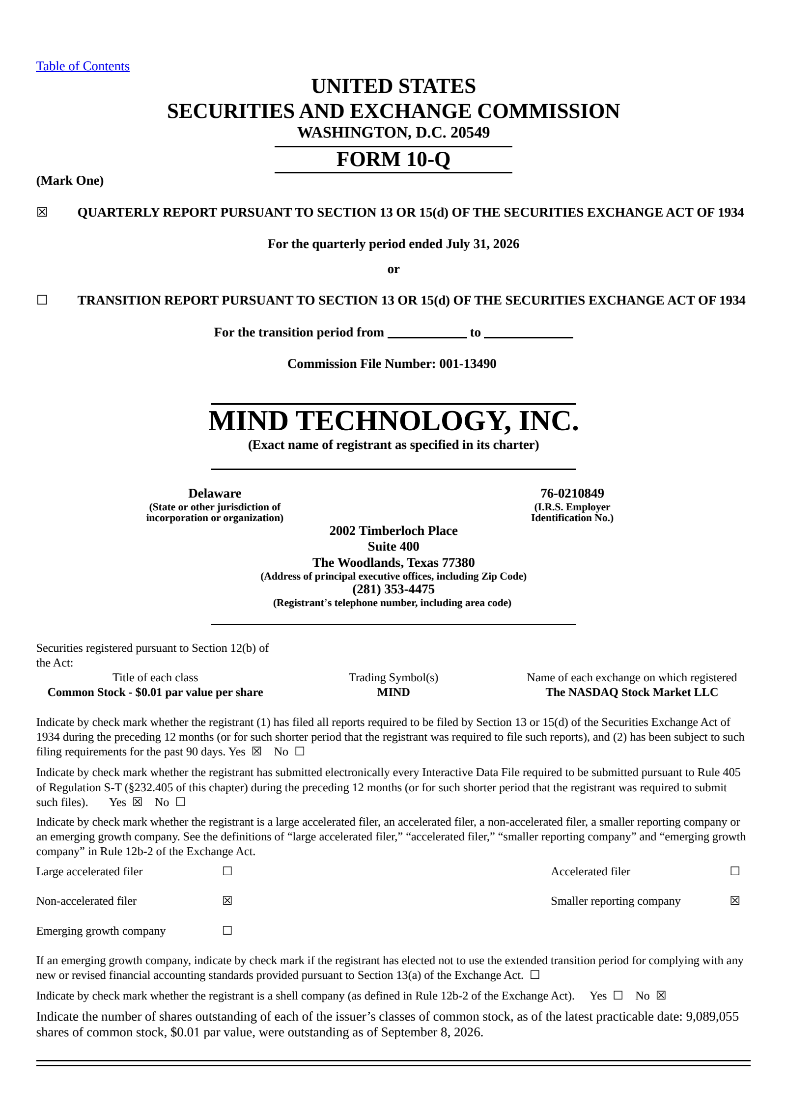 MIND Technology's Q2 2027 Quarterly report