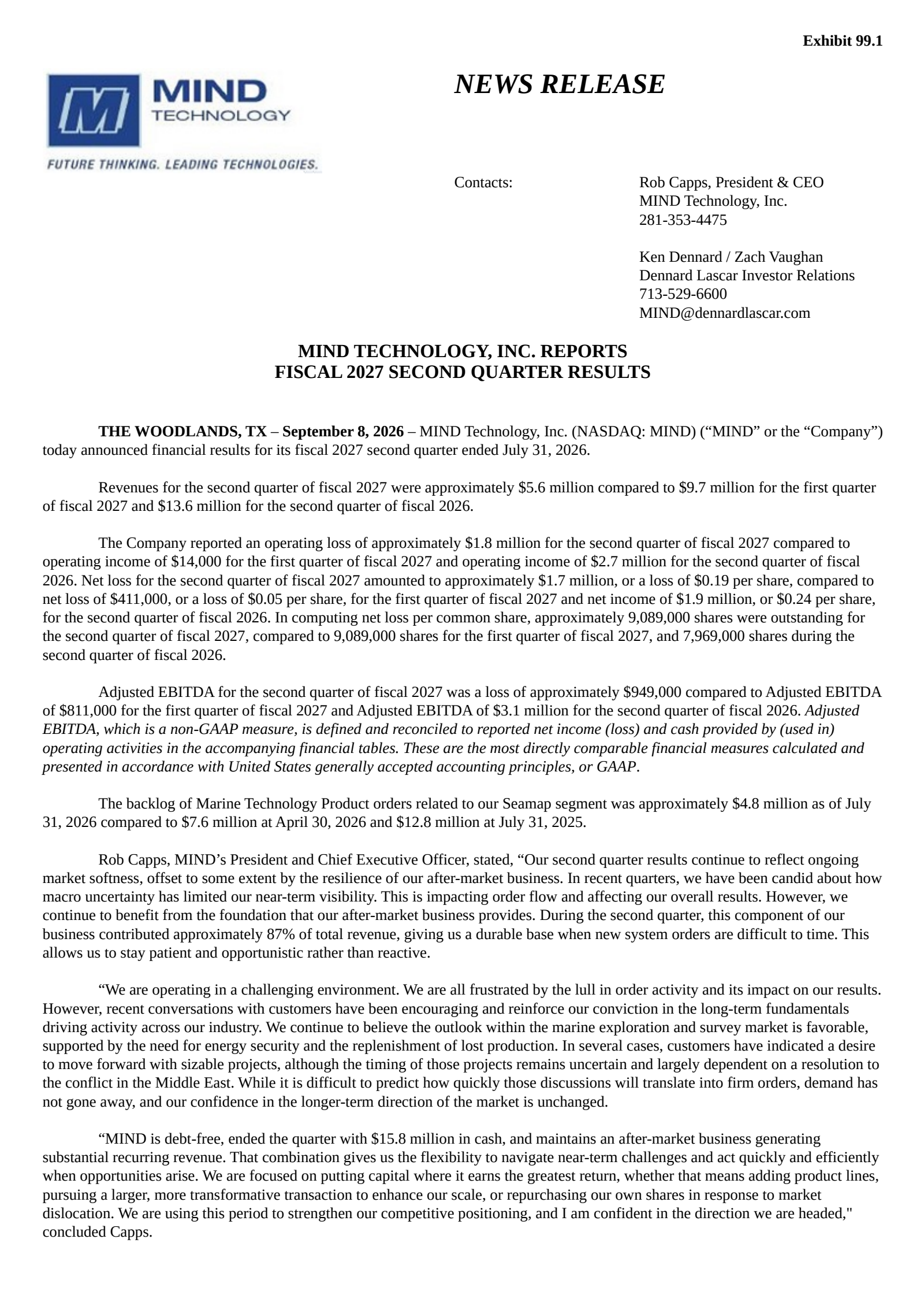 MIND Technology's Q2 2027 Press Release