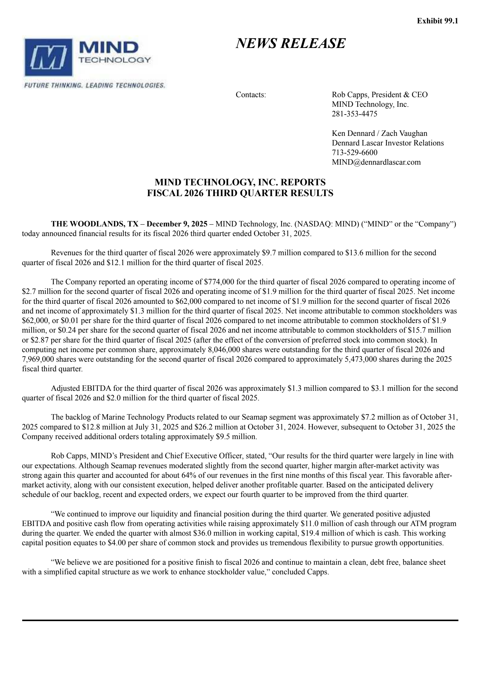 MIND Technology's Q3 2026 Earnings Release