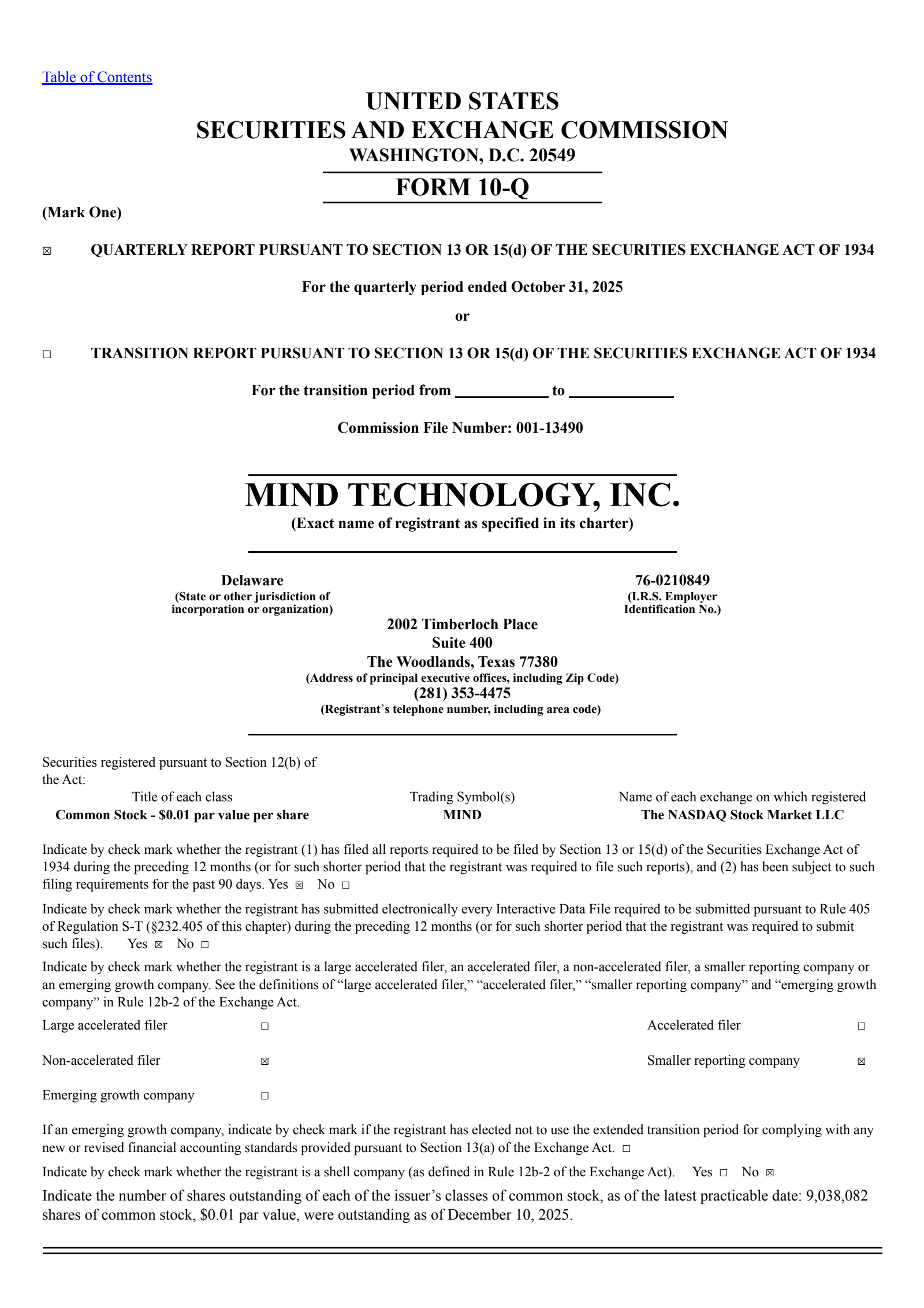 MIND Technology's Q3 2026 Quarterly Report