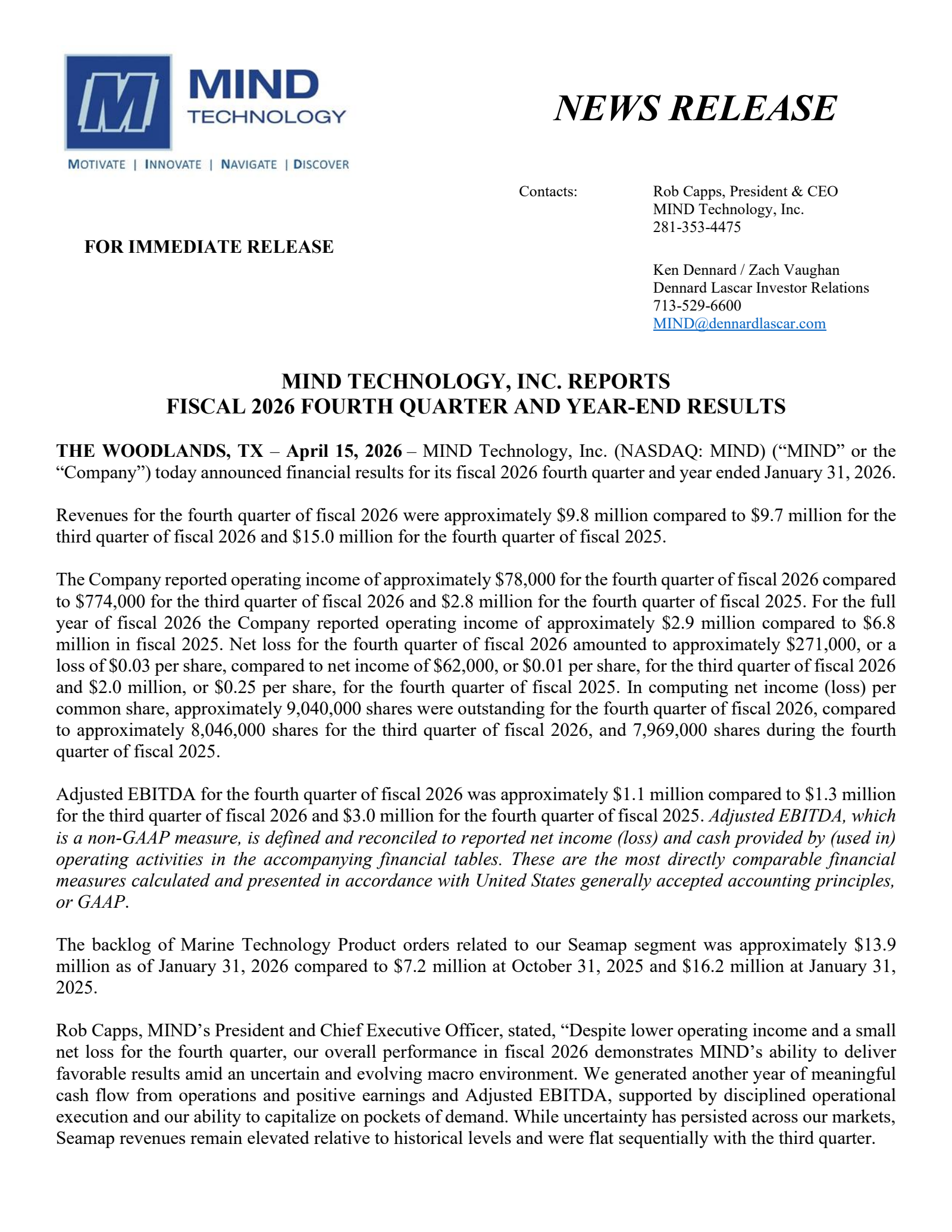 MIND Technology's Q4 2026 Press Release