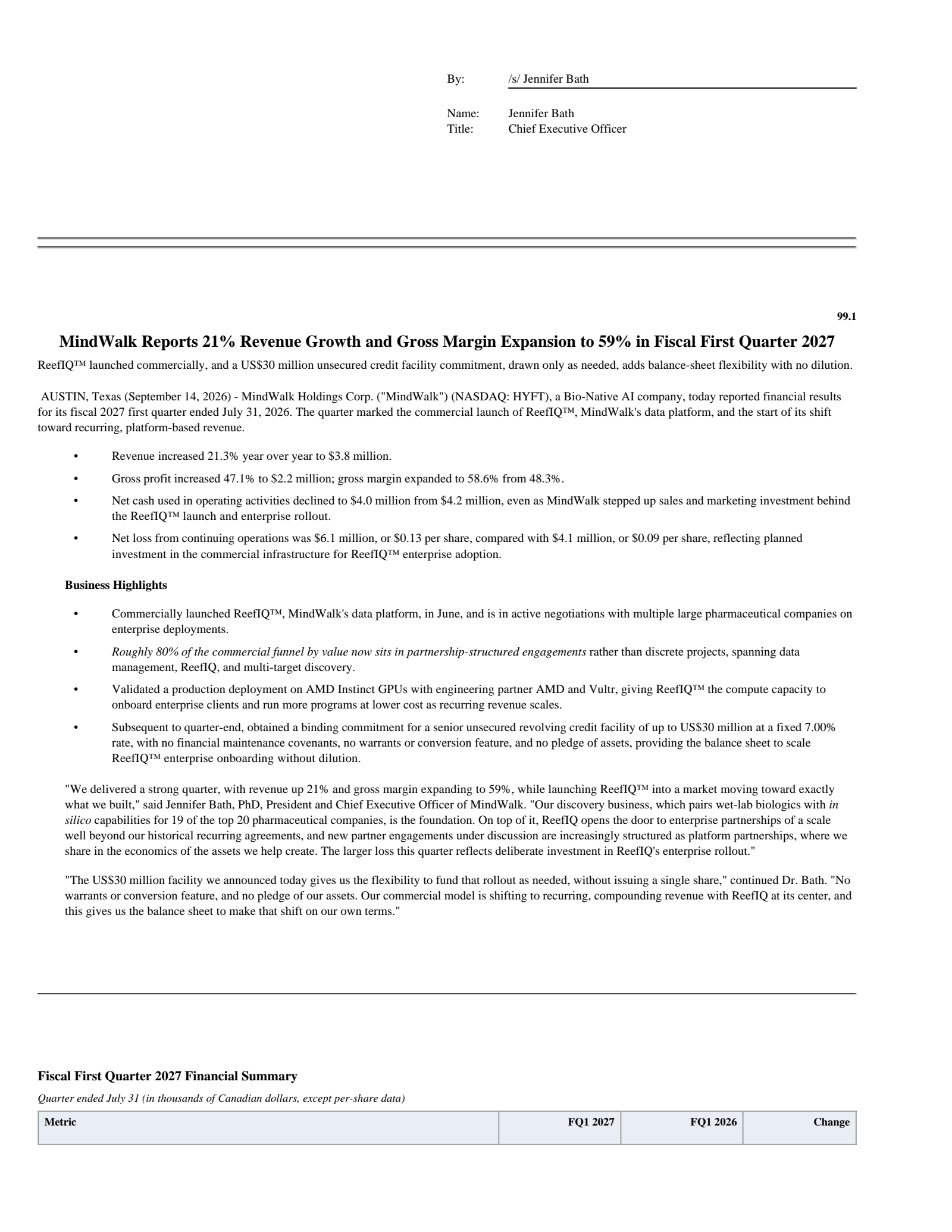 MindWalk's Q1 2027 Press Release