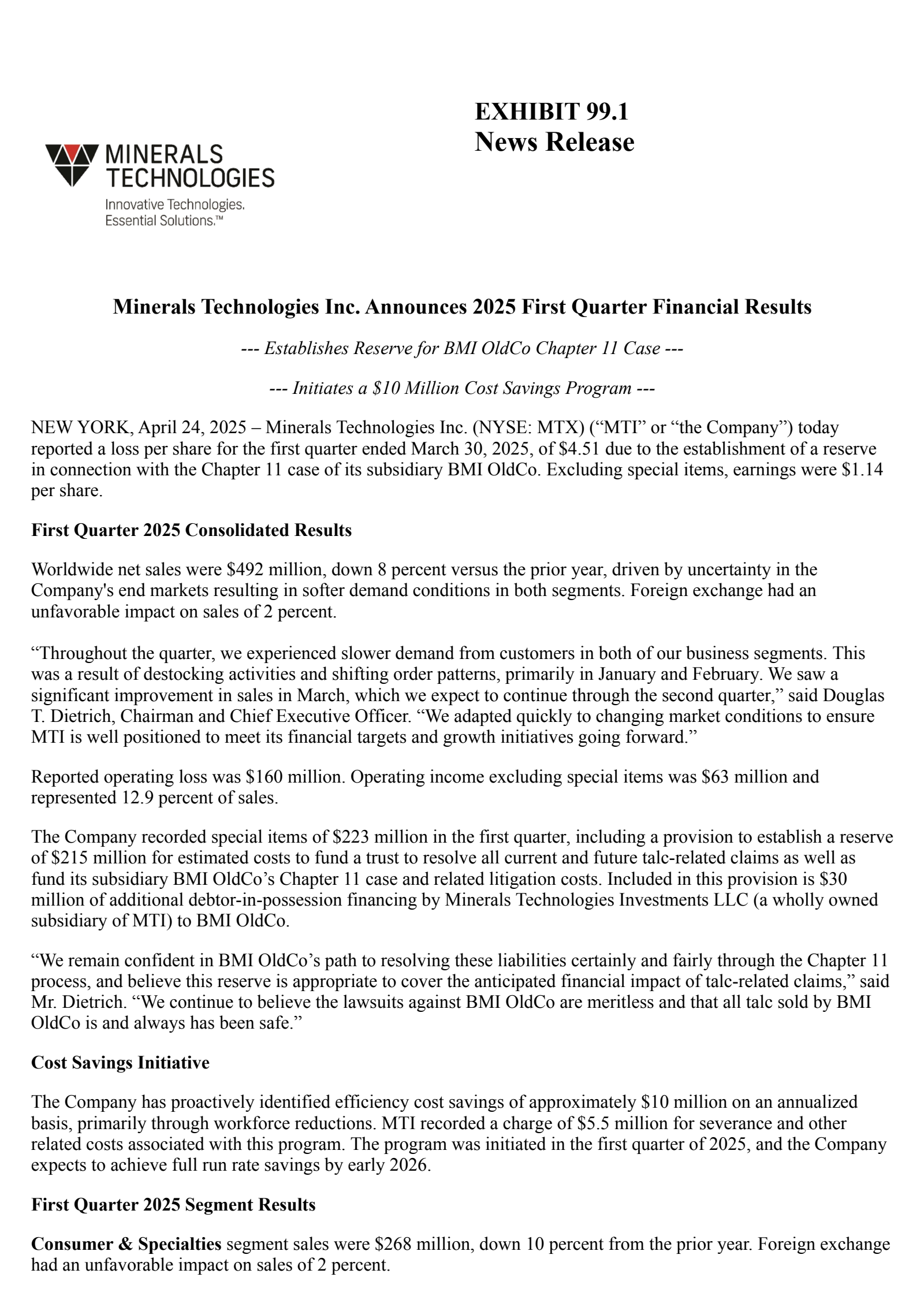 Minerals Technologies' Q1 2025 Press Release