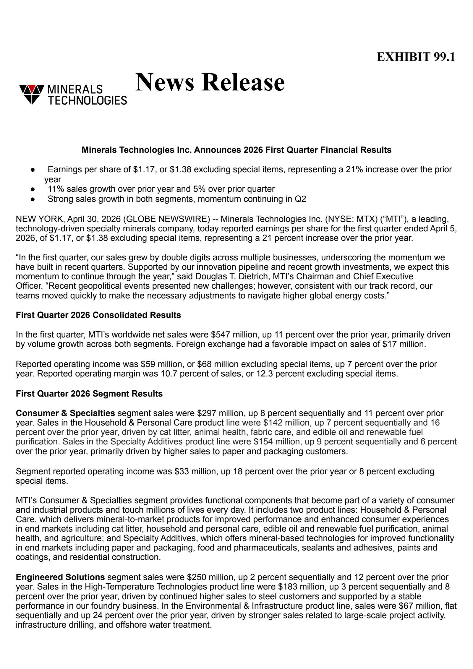 Minerals Technologies' Q1 2026 Press Release