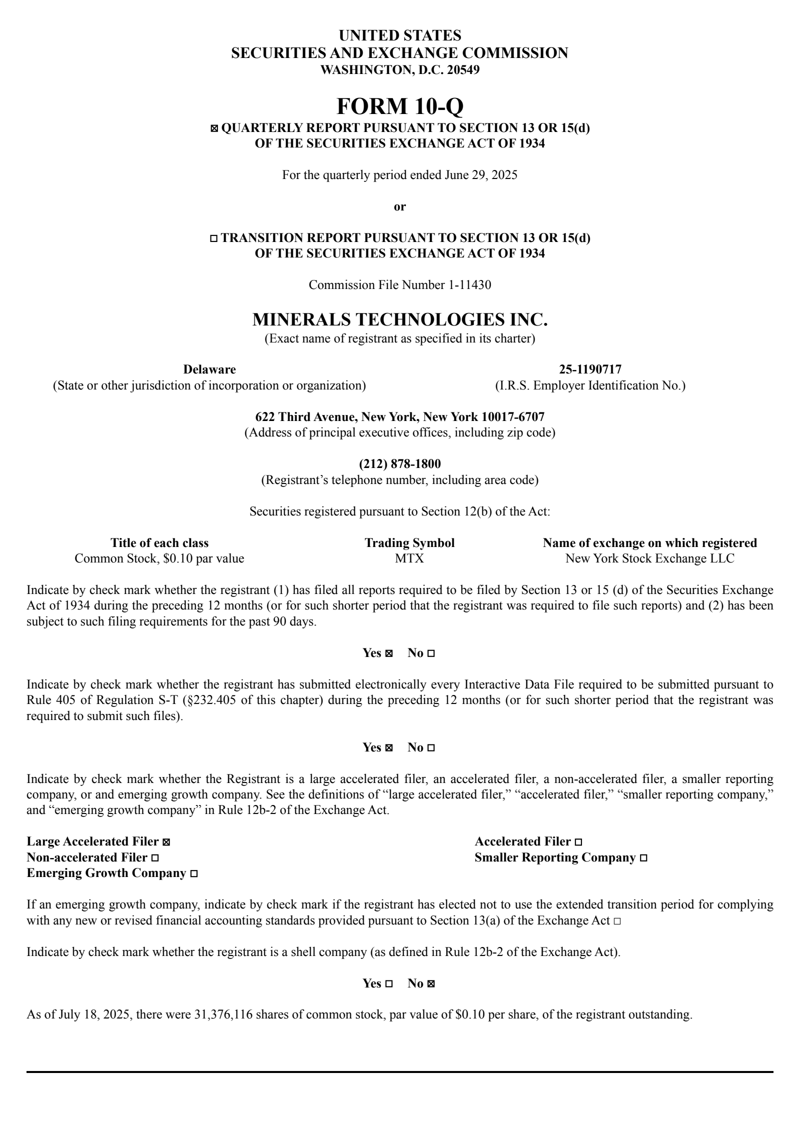 Minerals Technologies' Q2 2025 Quarterly report