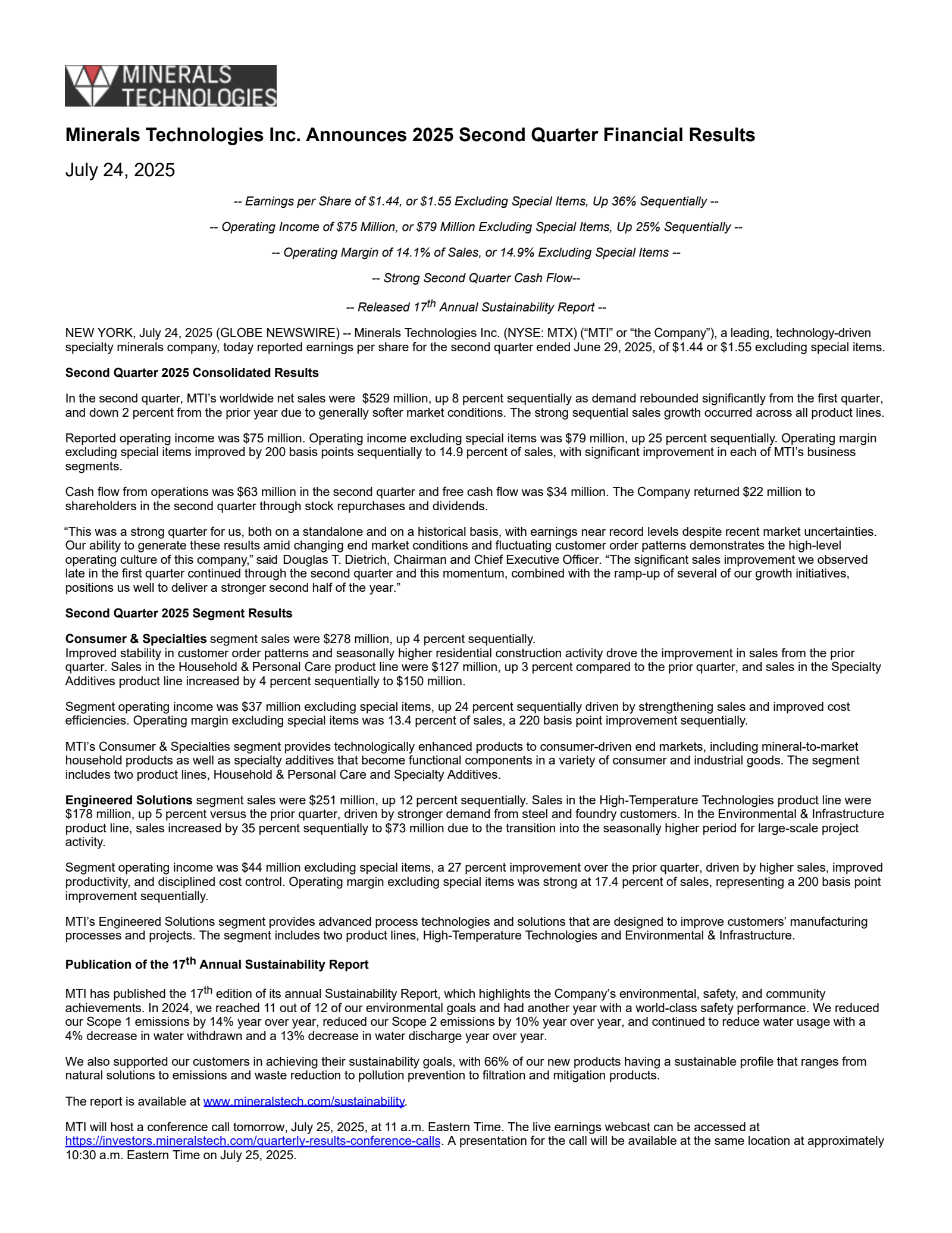 Minerals Technologies' Q2 2025 Press Release