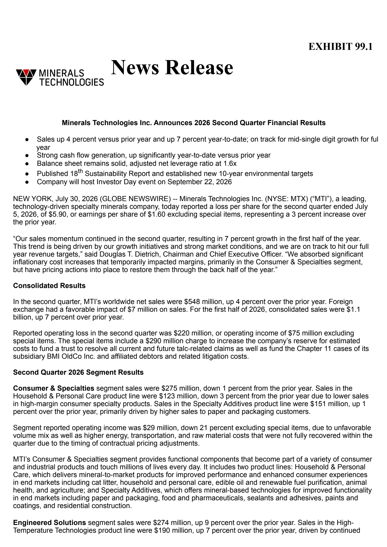 Minerals Technologies' Q2 2026 Press Release