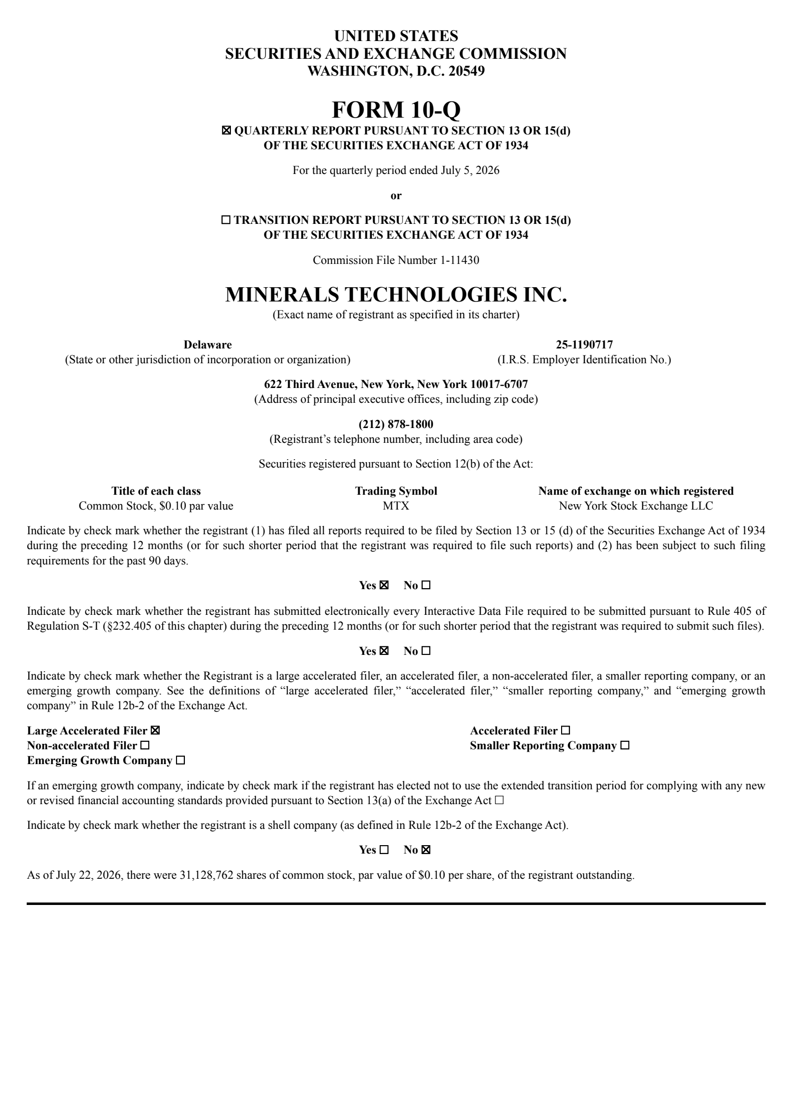 Minerals Technologies' Q2 2026 Quarterly report