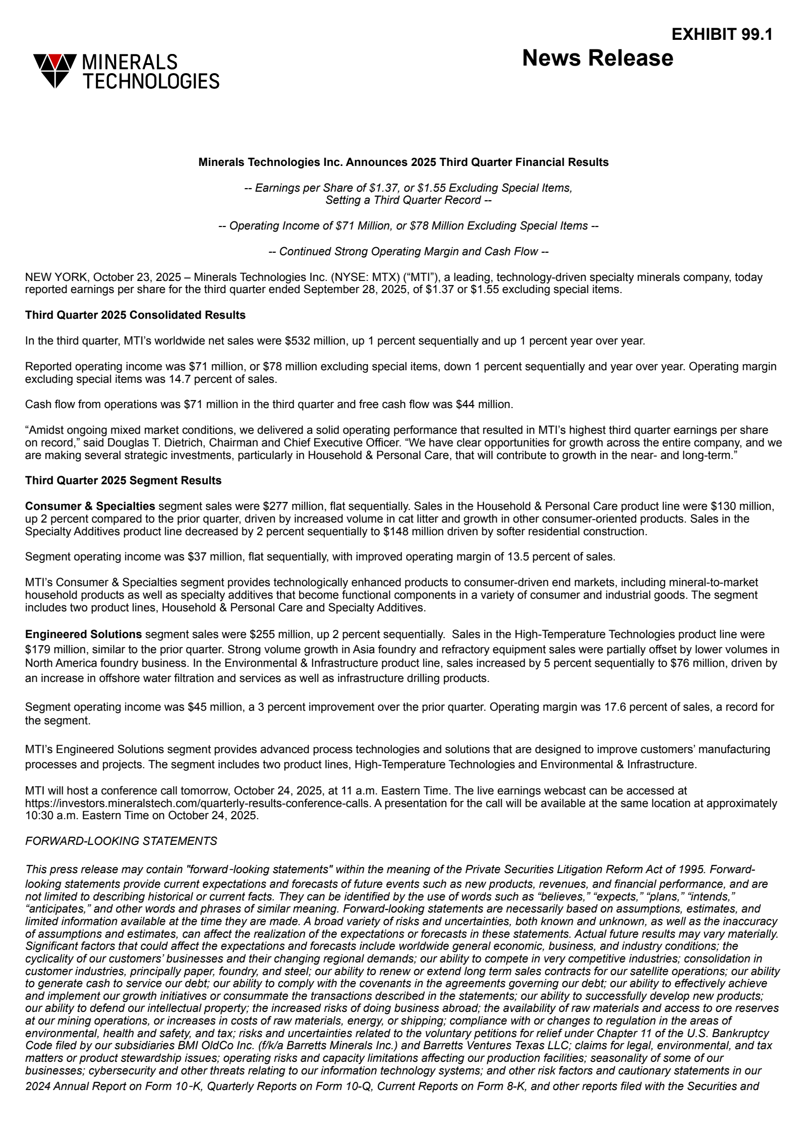 Minerals Technologies' Q3 2025 Earnings Release