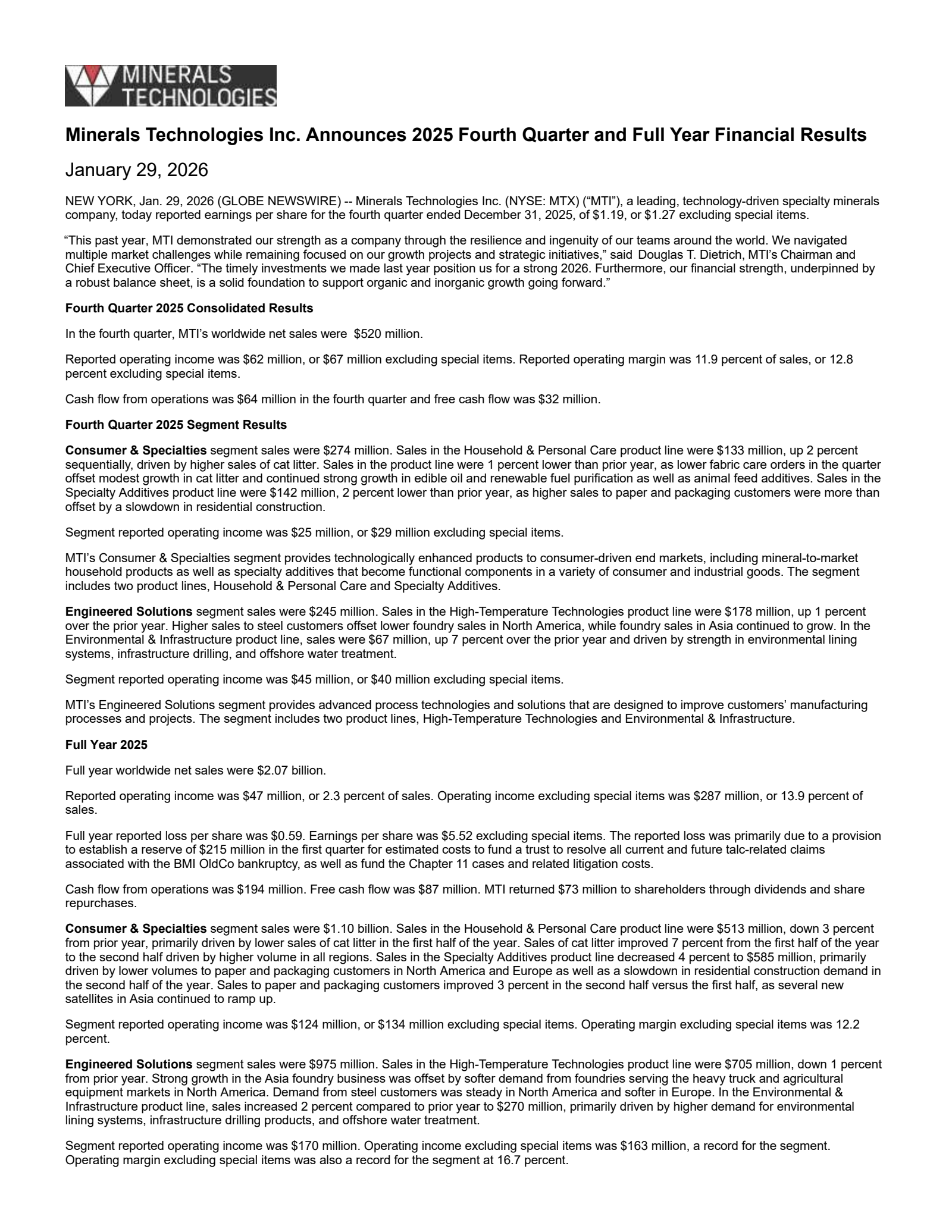 Minerals Technologies' Q4 2025 Press Release