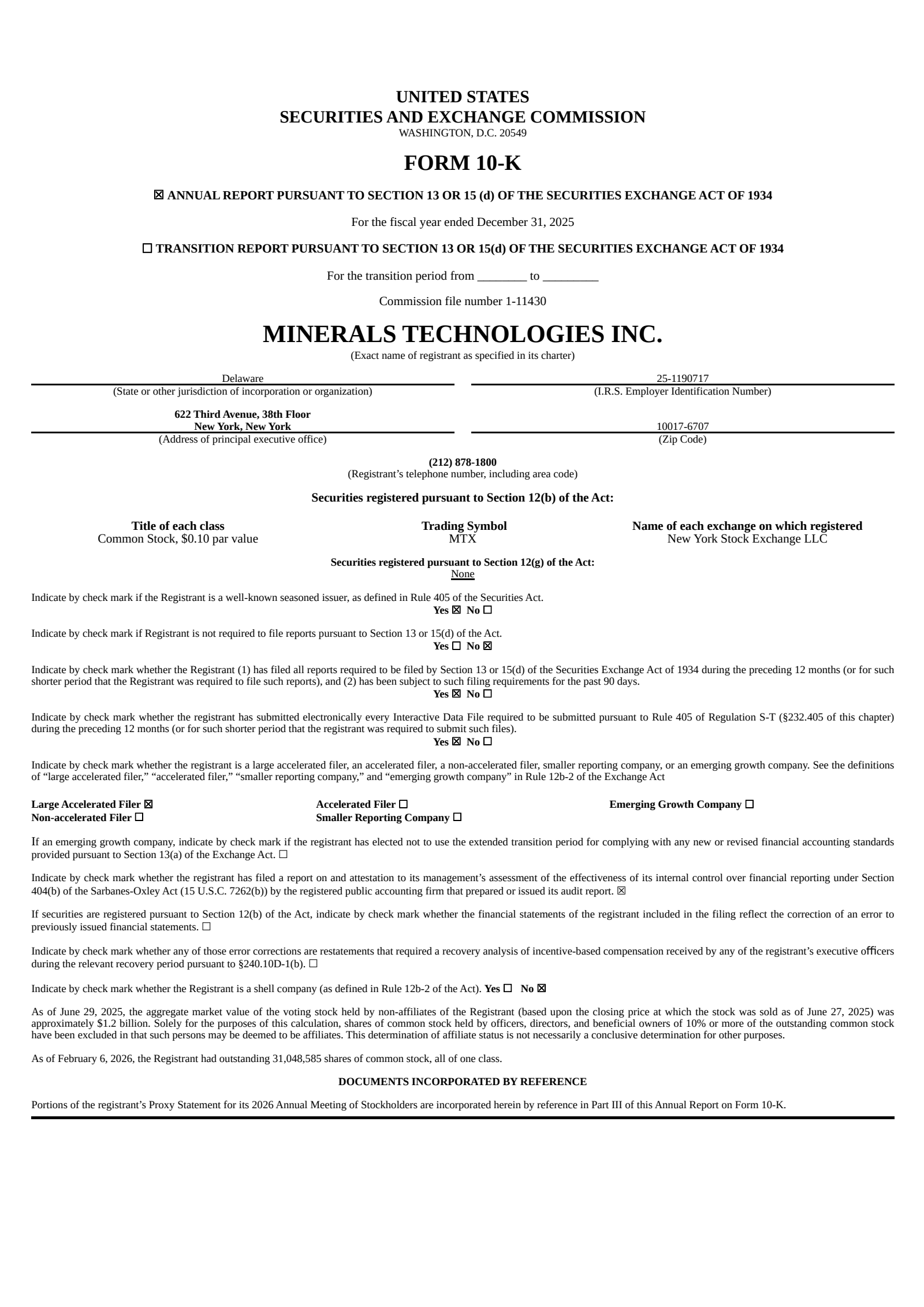 Minerals Technologies' Q4 2025 Annual report