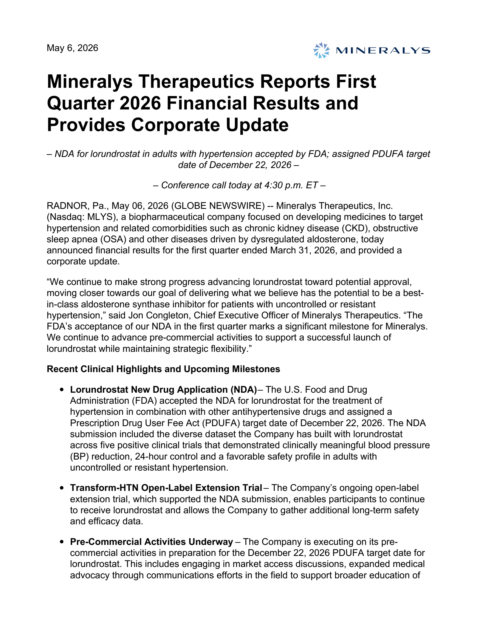 Mineralys Therapeutics' Q1 2026 Press Release