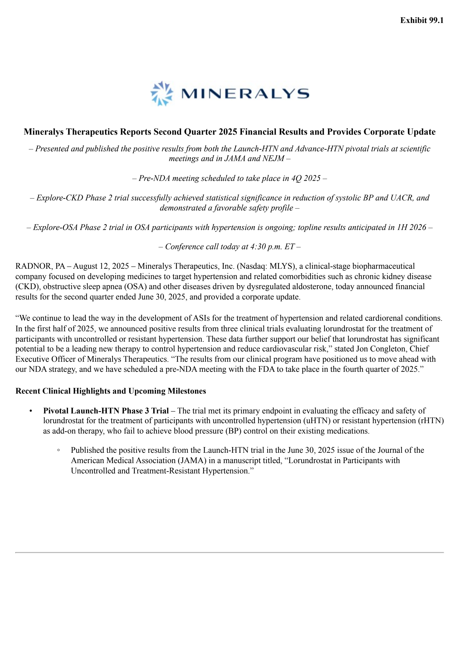 Mineralys Therapeutics' Q2 2025 Press Release