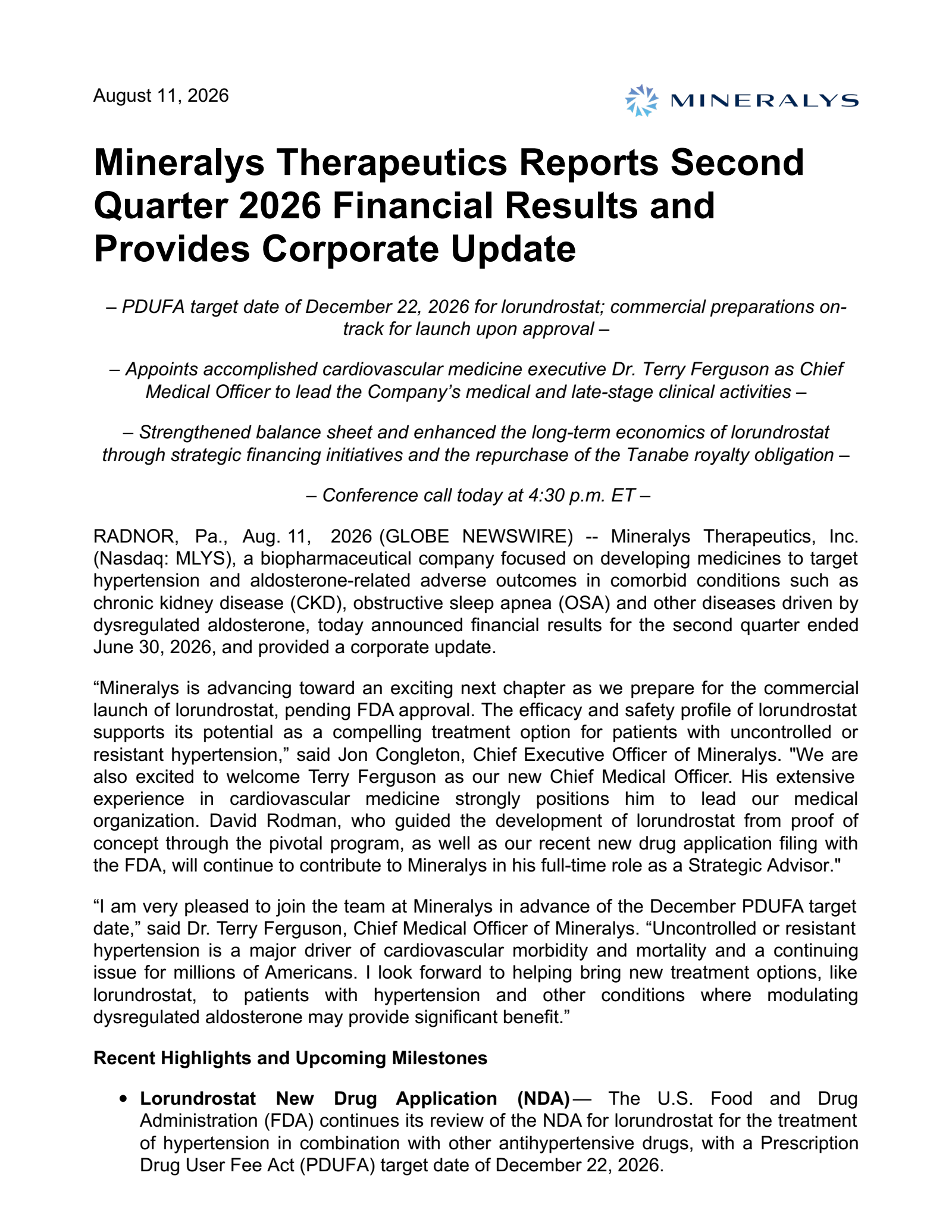 Mineralys Therapeutics' Q2 2026 Press Release