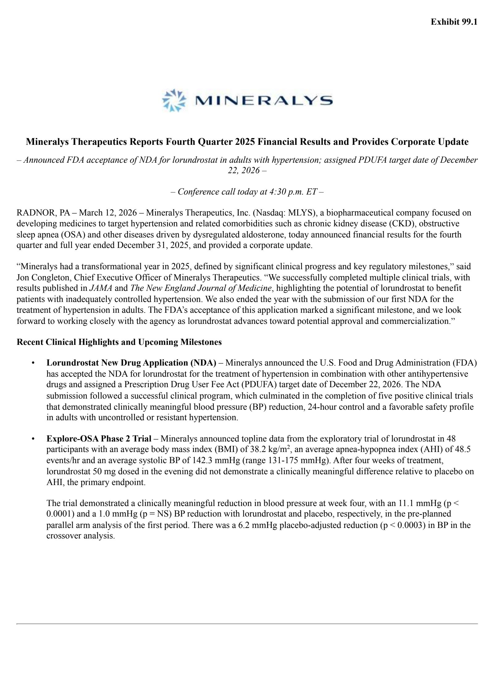 Mineralys Therapeutics' Q4 2025 Press Release