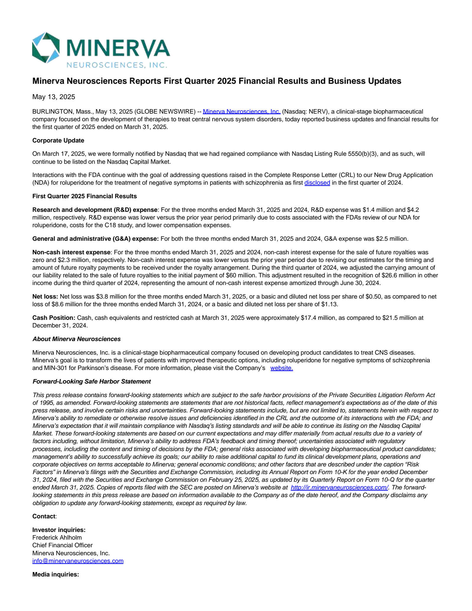 Minerva Neurosciences' Q1 2025 Press Release
