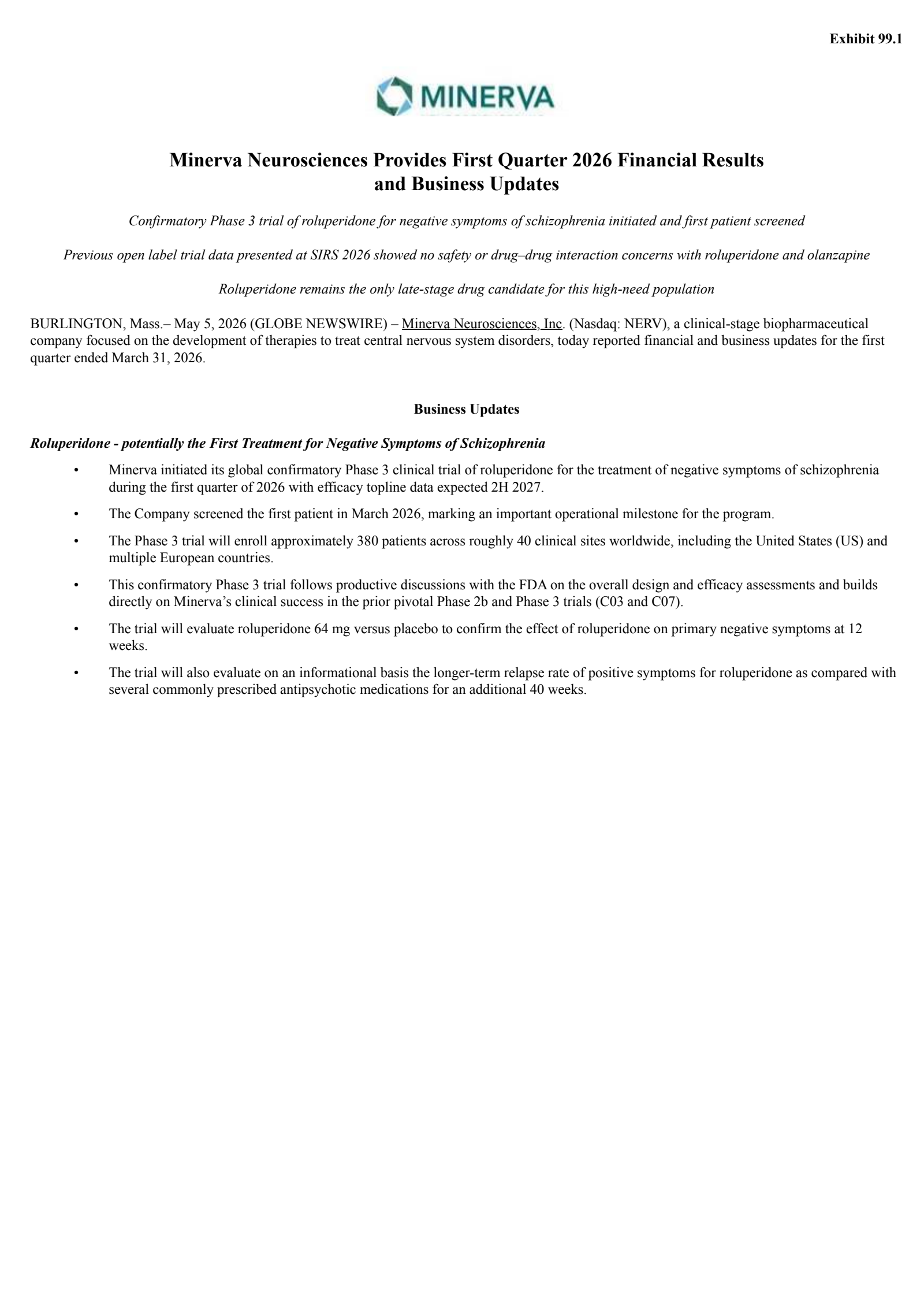 Minerva Neurosciences' Q1 2026 Press Release