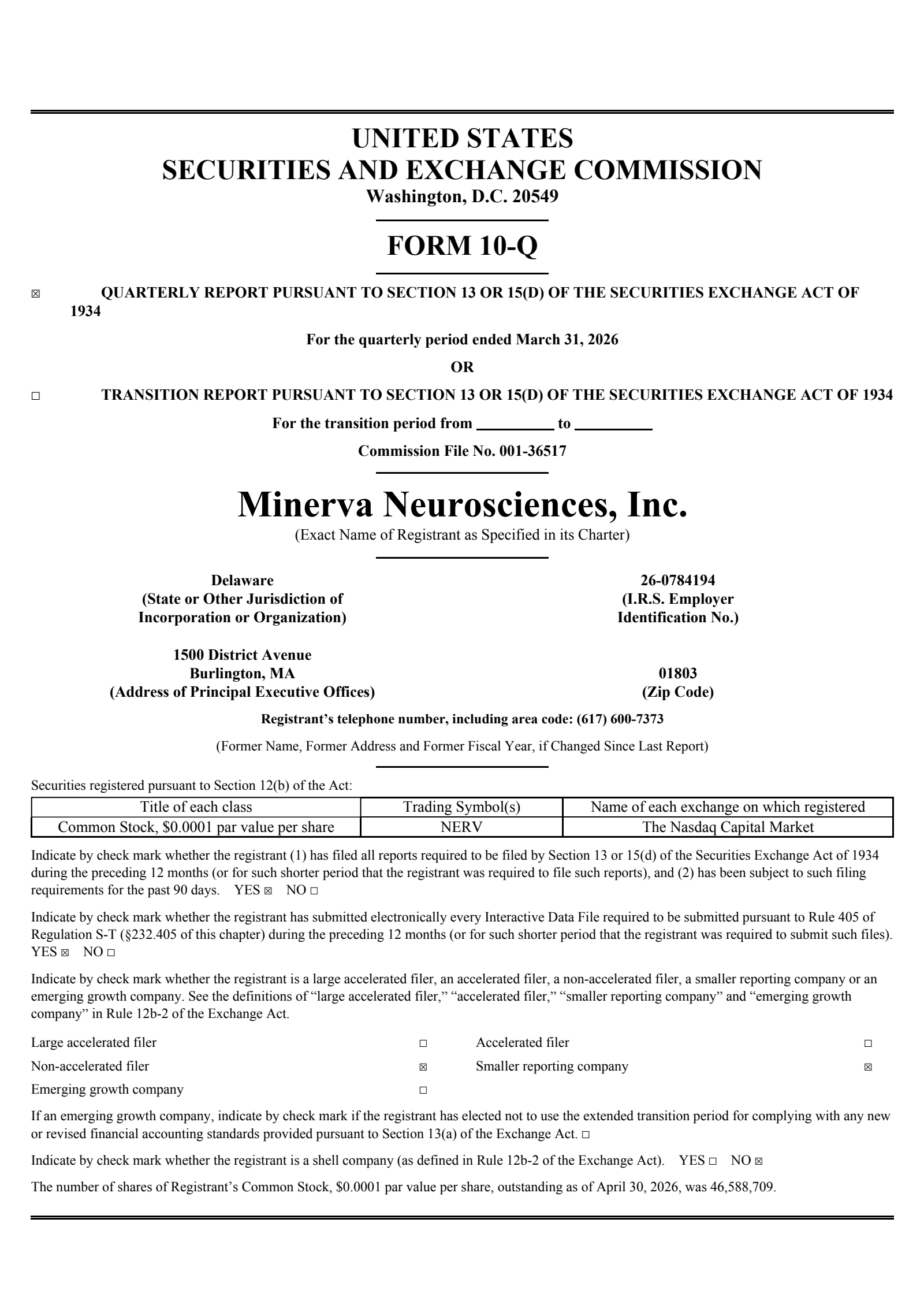 Minerva Neurosciences' Q1 2026 Quarterly report