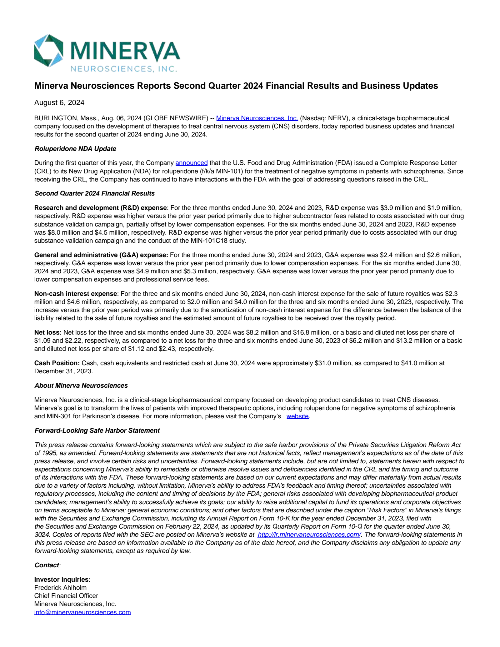 Minerva Neurosciences' Q2 2024 Press Release