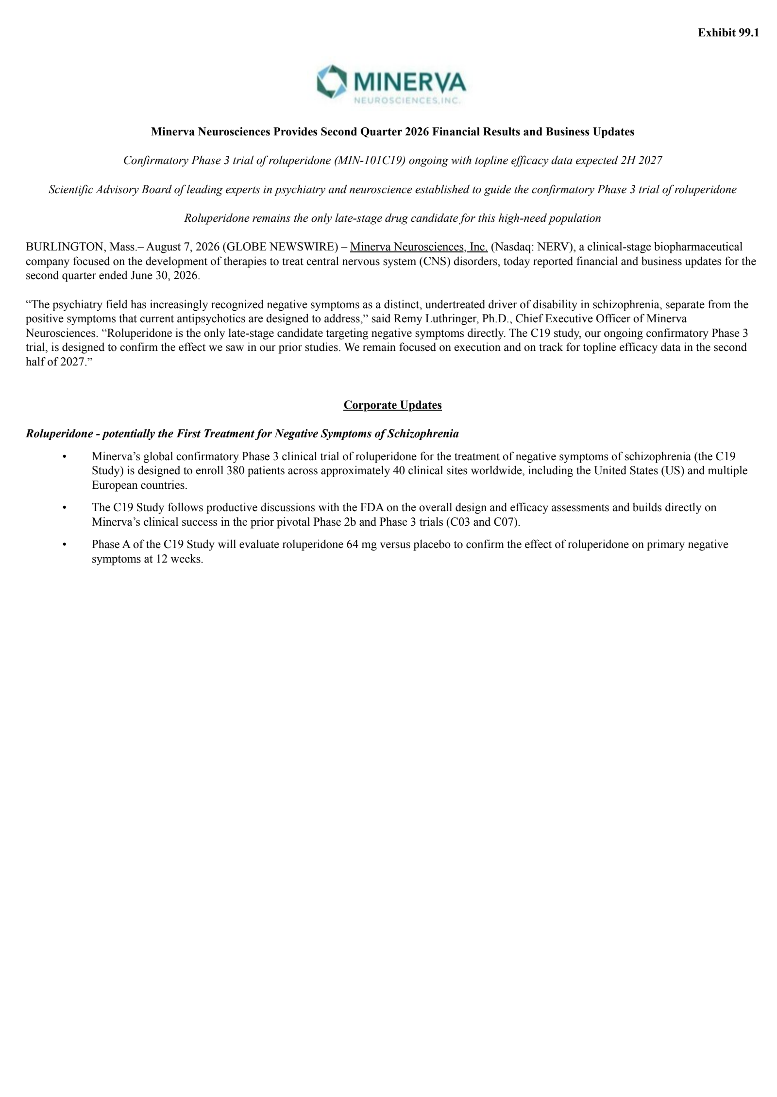 Minerva Neurosciences' Q2 2026 Press Release