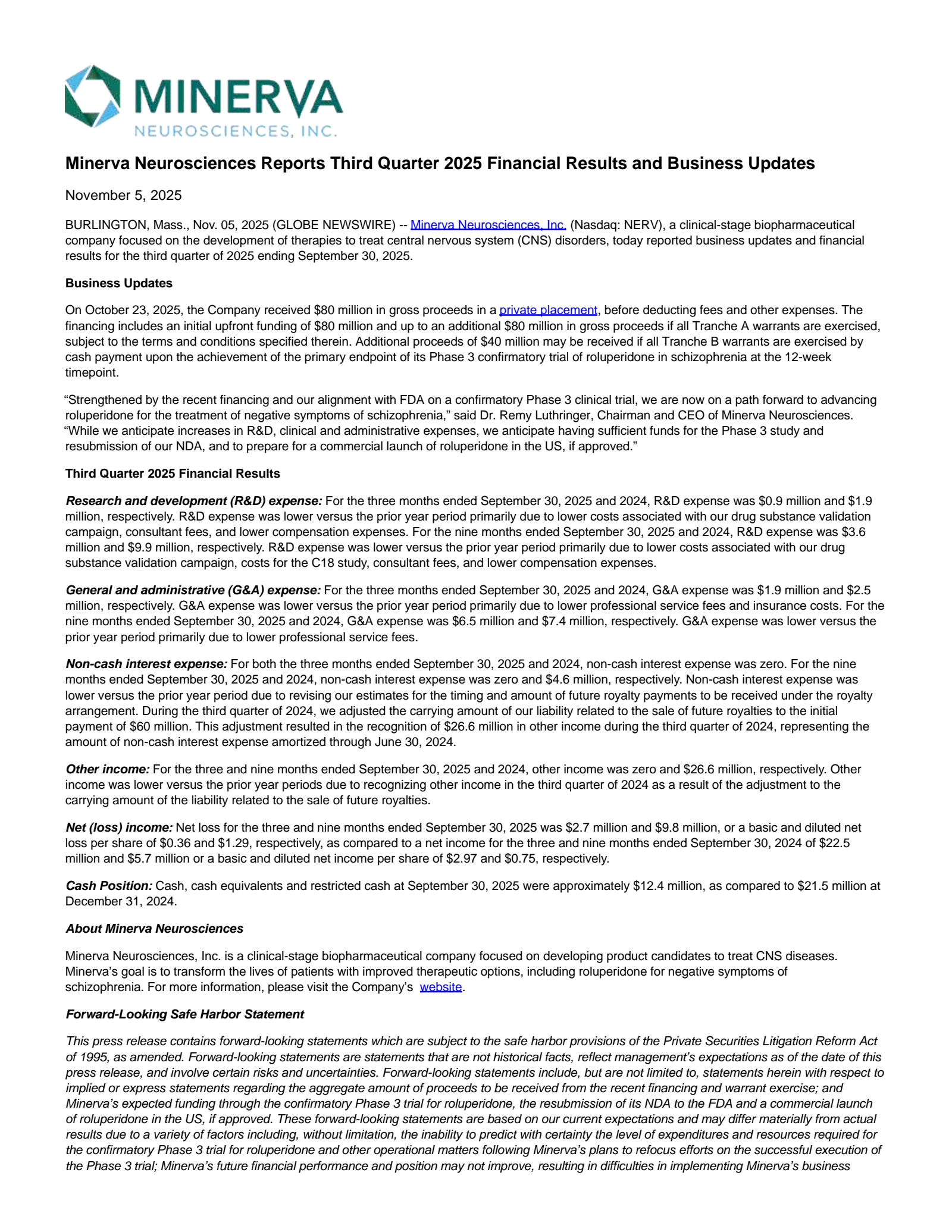 Minerva Neurosciences' Q3 2025 Press Release