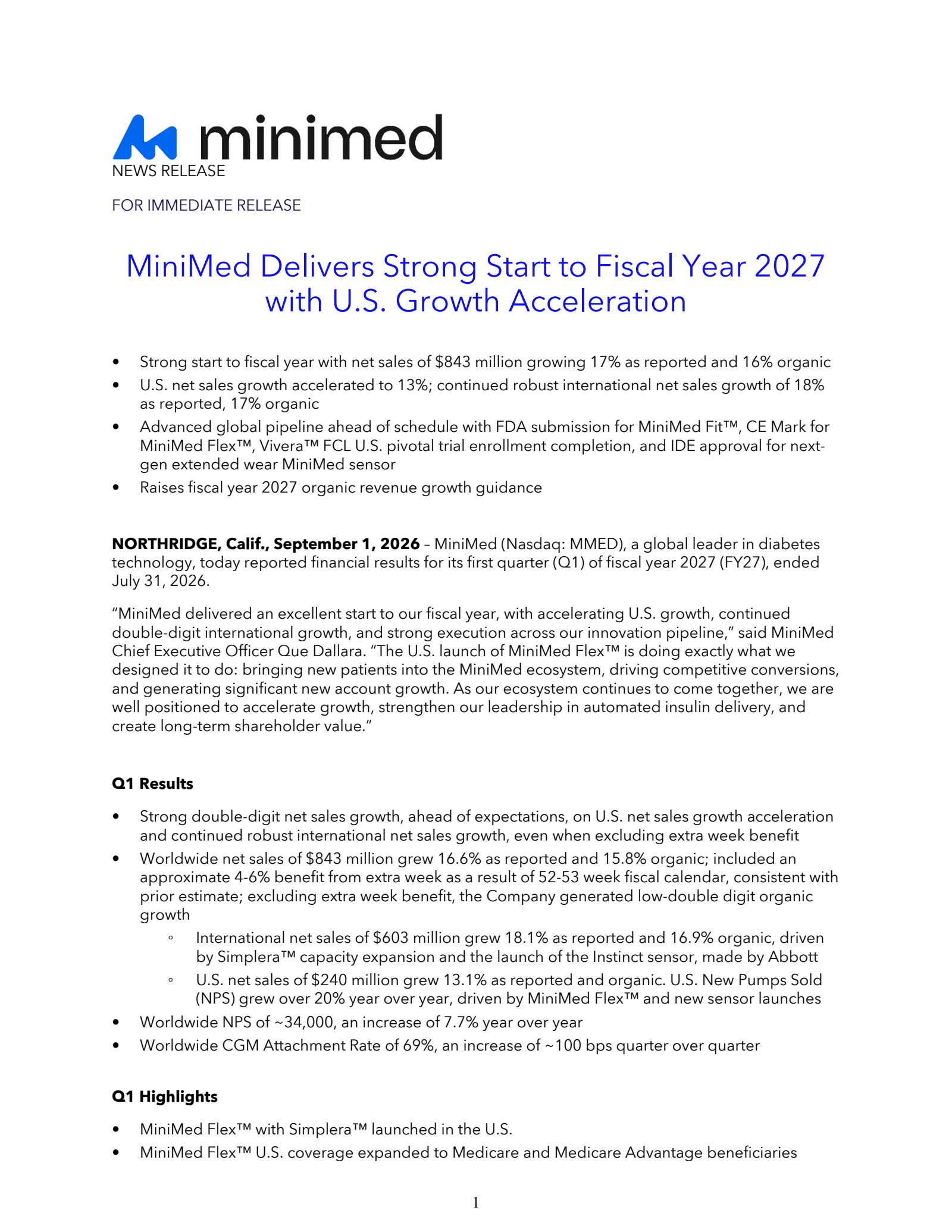 MiniMed Group's Q1 2027 Press Release