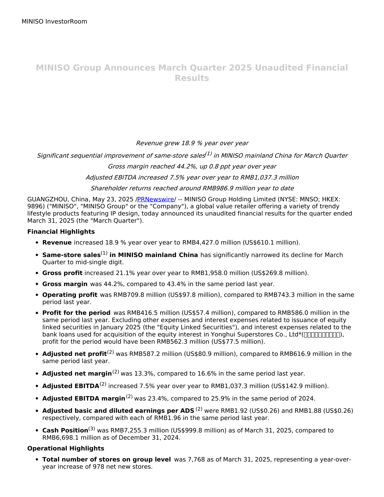 MINISO Group's Q1 2025 Press Release