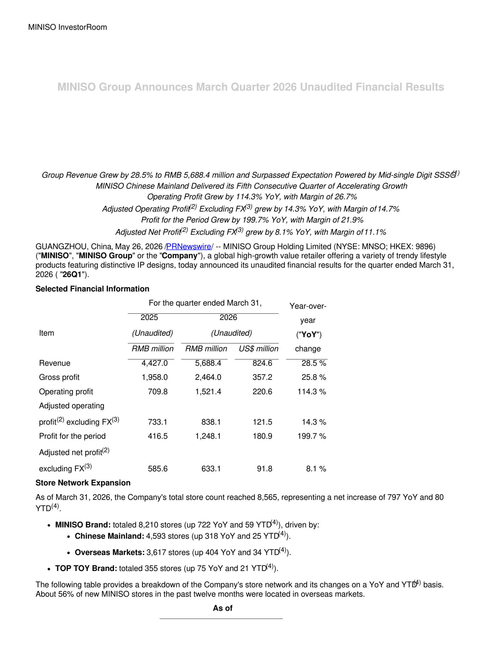 MINISO Group's Q1 2026 Press Release
