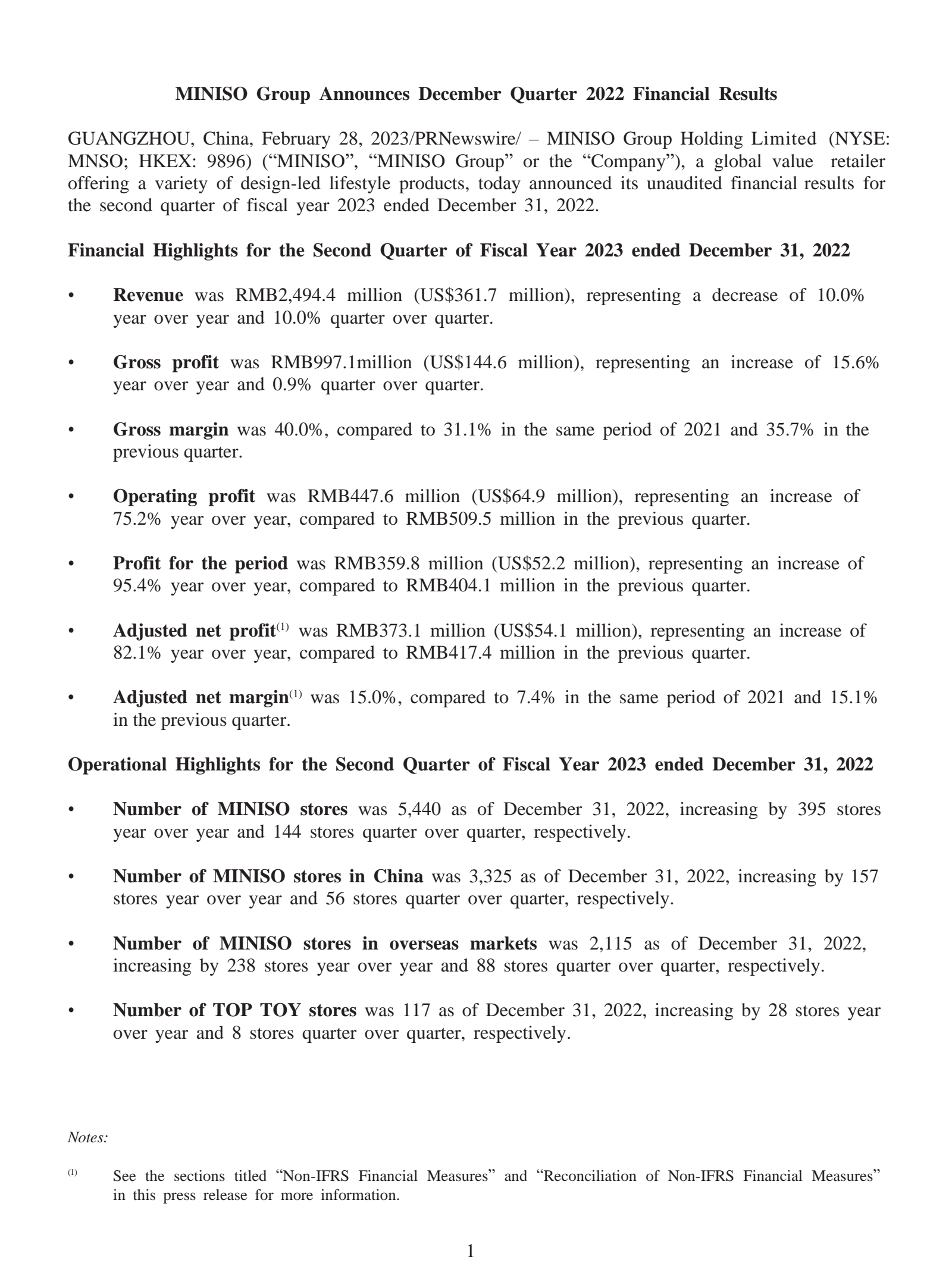 MINISO Group's Q2 2023 Press Release