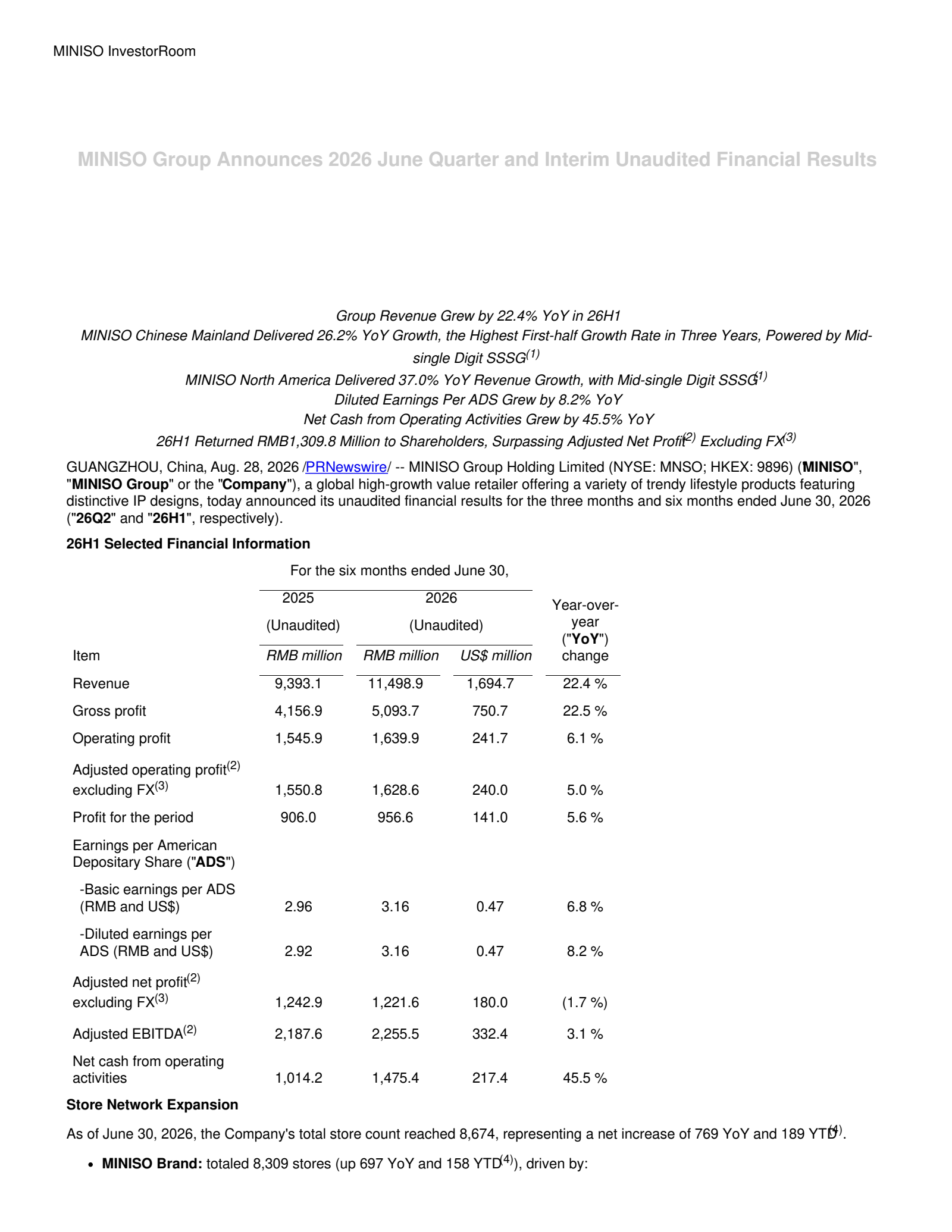 MINISO Group's Q2 2026 Press Release