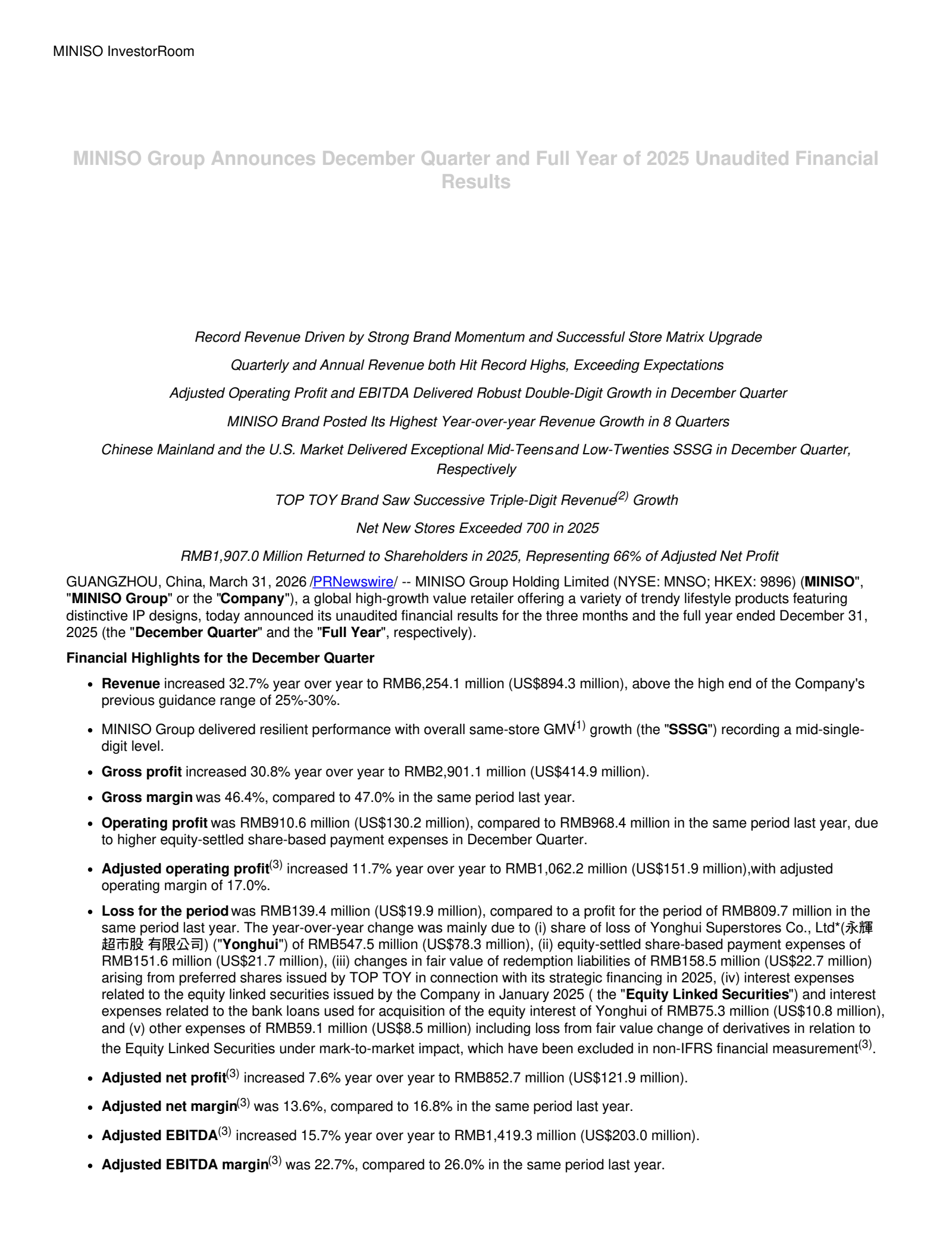 MINISO Group's Q4 2025 Press Release