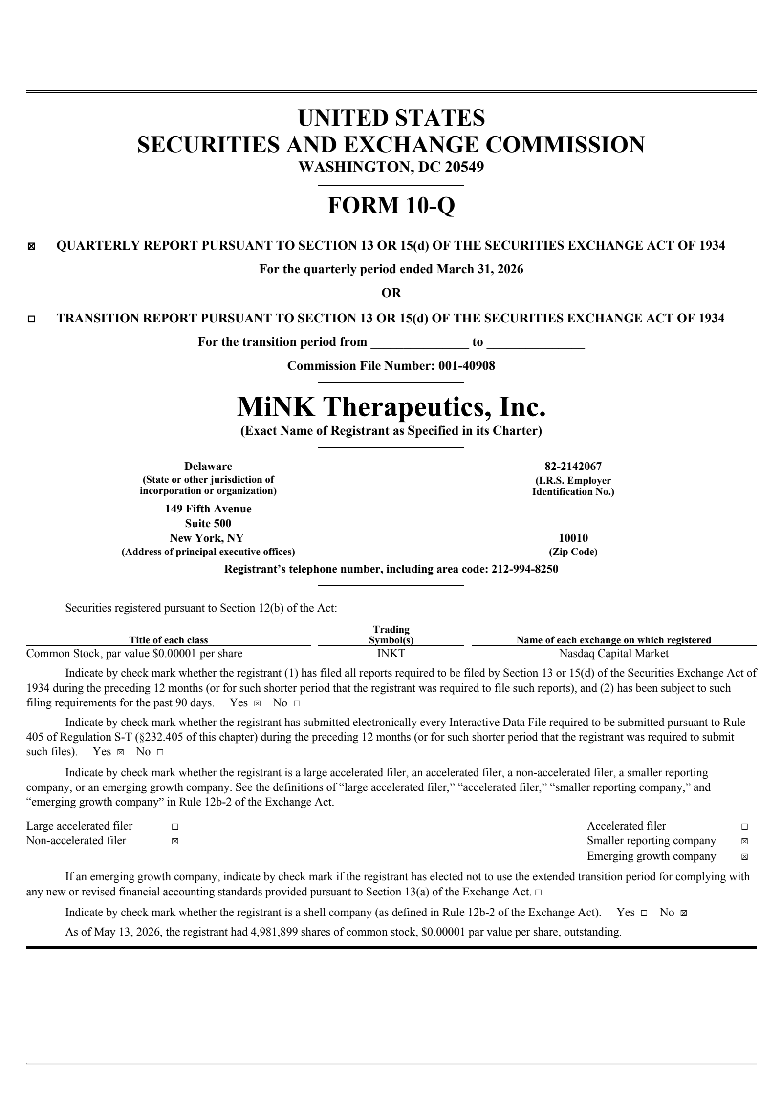 MiNK Therapeutics' Q1 2026 Quarterly report